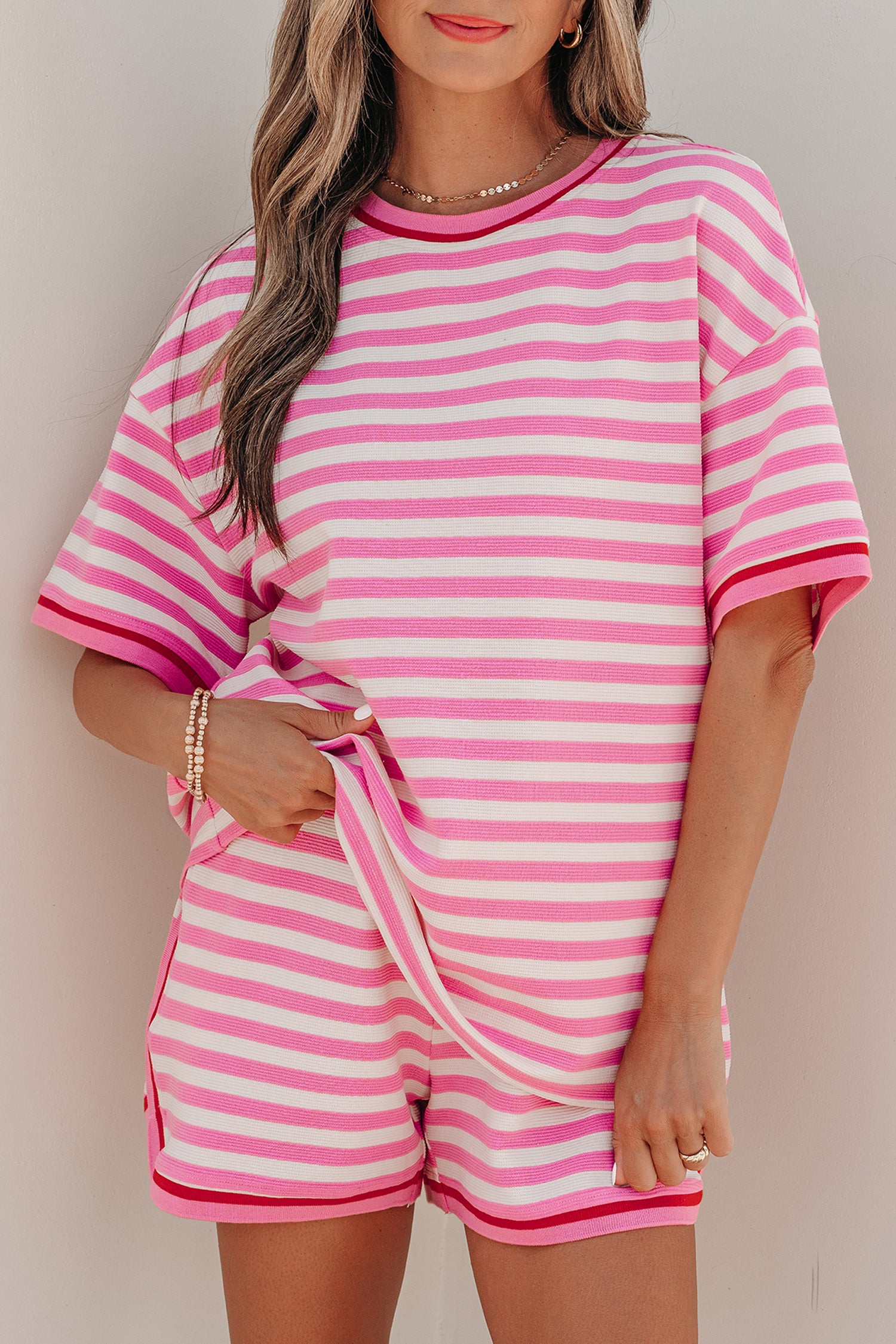 Pink Stripe Contrast Trim Short Sleeve Top Loose Shorts 2pcs Casual Outfit
