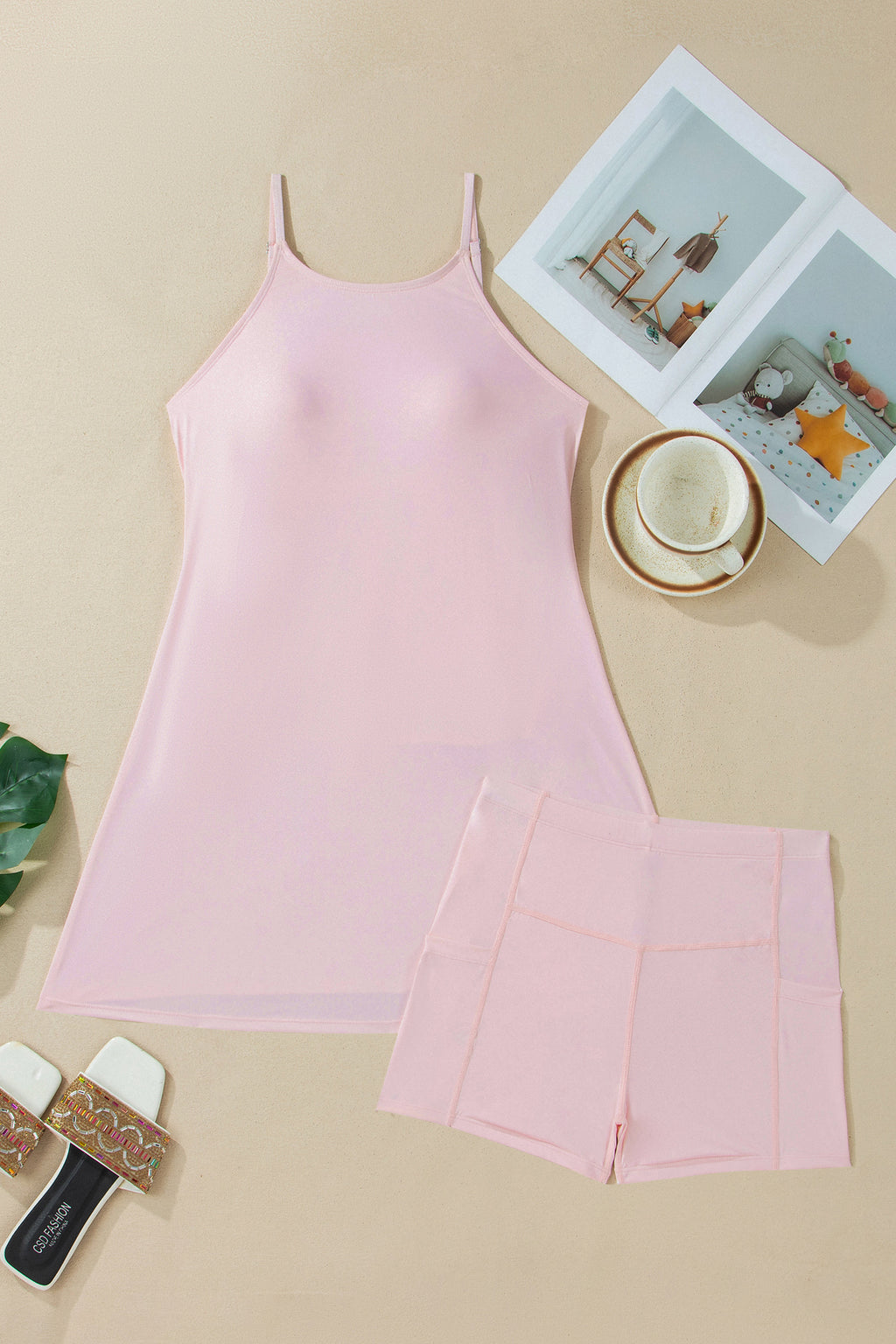 Bright Pink Solid Color Tunic Tank Dress Athletic Shorts Two Piece Set