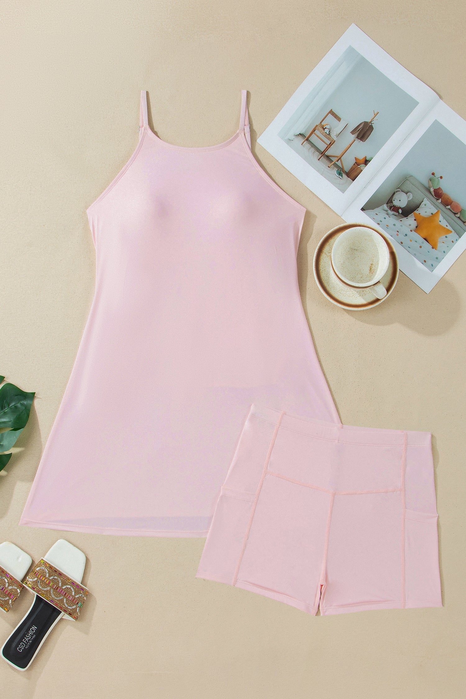 Bright Pink Solid Color Tunic Tank Dress Athletic Shorts Two Piece Set