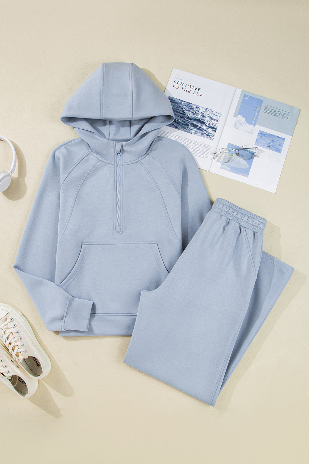 Jet Stream Half Zip Thumbhole Sleeve Hoodie Active Pants 2pcs Outfit
