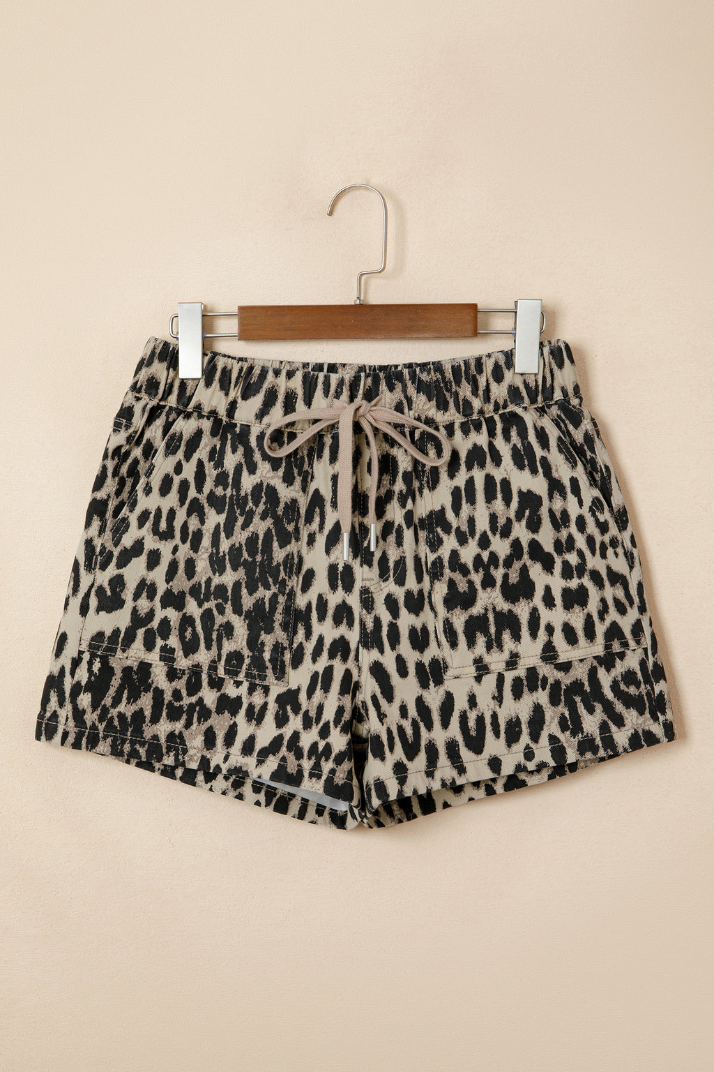 Brown Retro Leopard Print Lace-up Elastic Waistband Mid Rise Denim Shorts