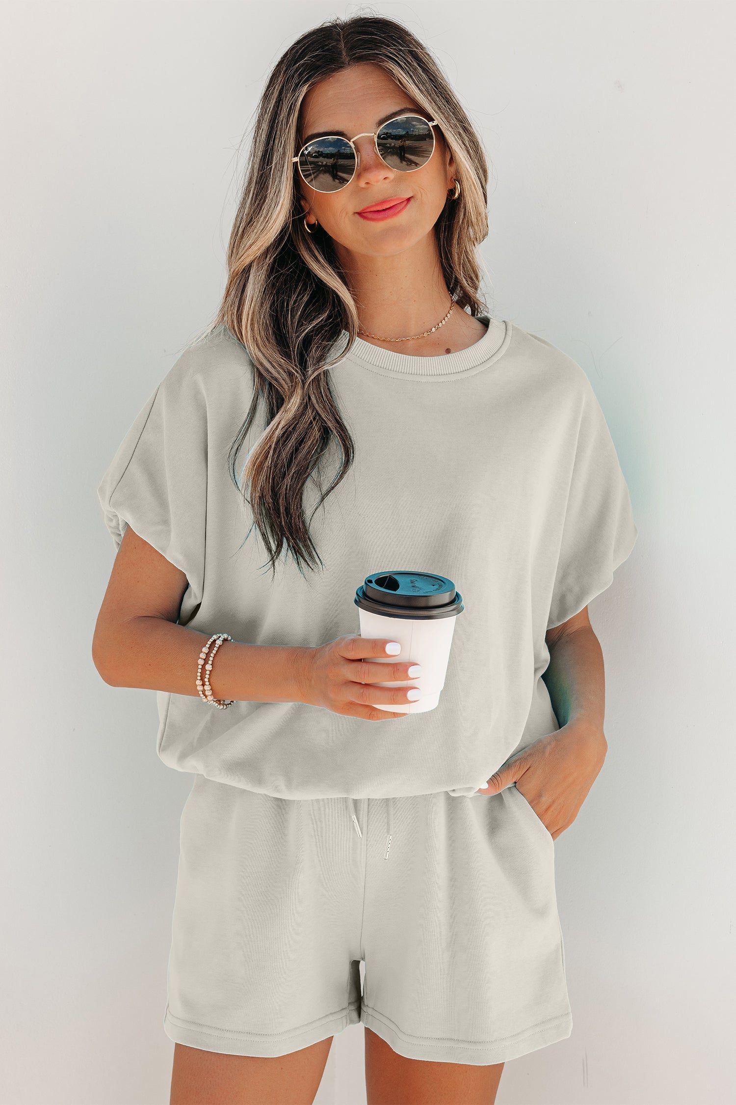 Smoke Gray Solid Color Puffy Loose Top Drawstring Shorts 2pcs Outfit