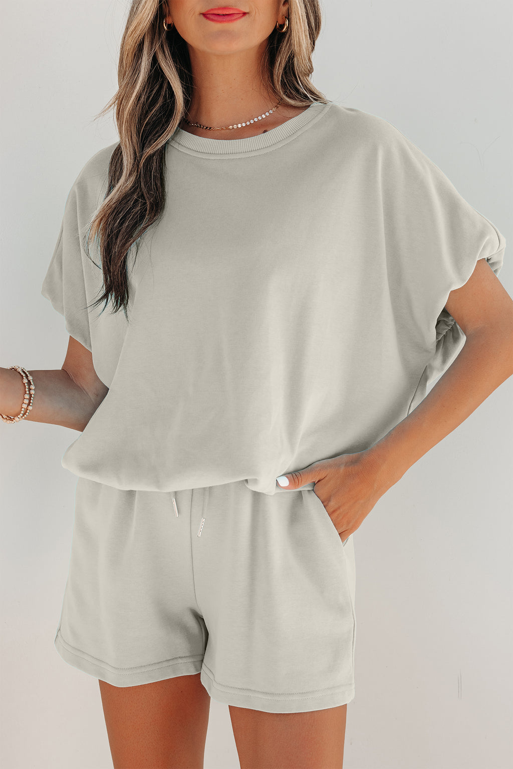 Smoke Gray Solid Color Puffy Loose Top Drawstring Shorts 2pcs Outfit
