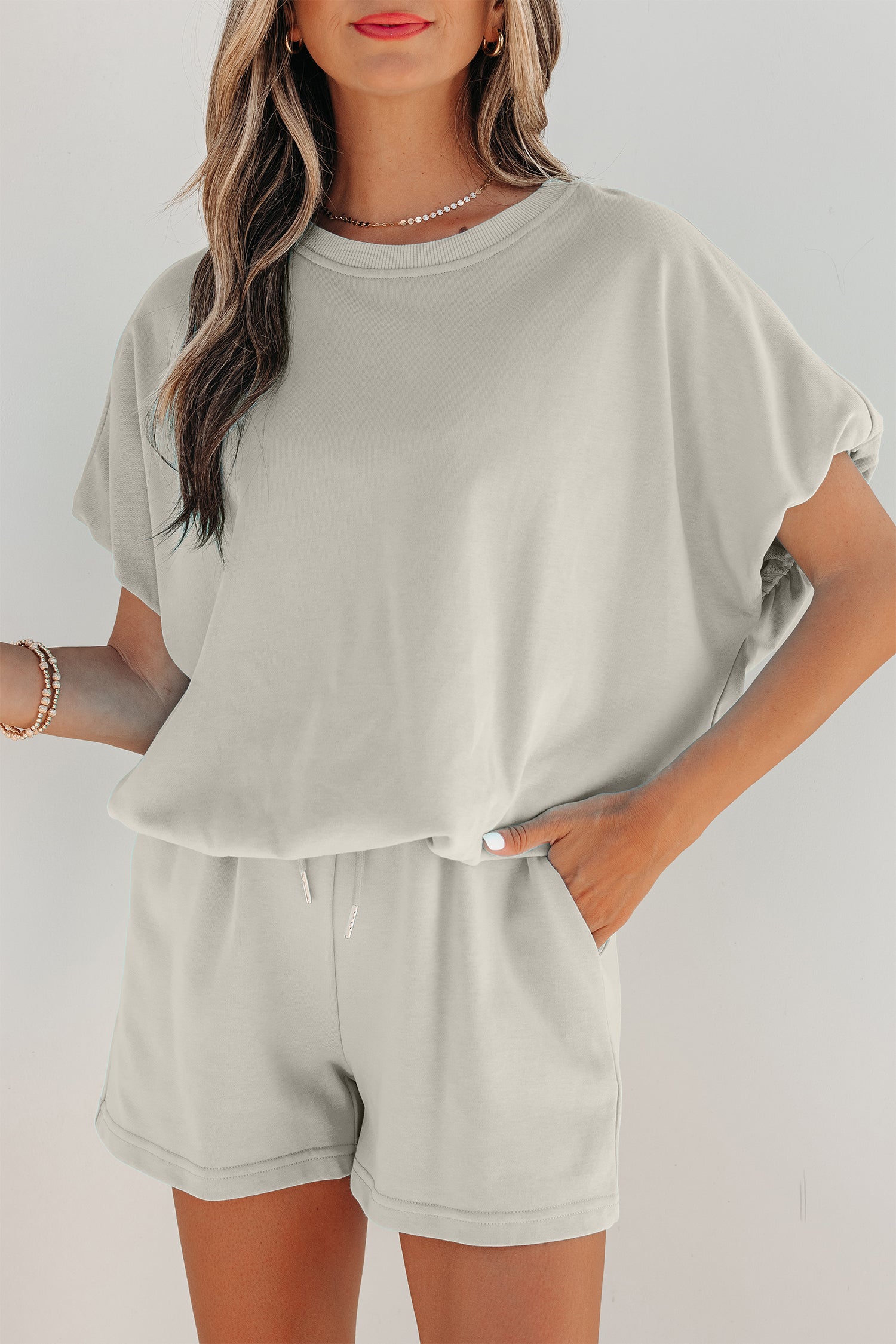 Smoke Gray Solid Color Puffy Loose Top Drawstring Shorts 2pcs Outfit