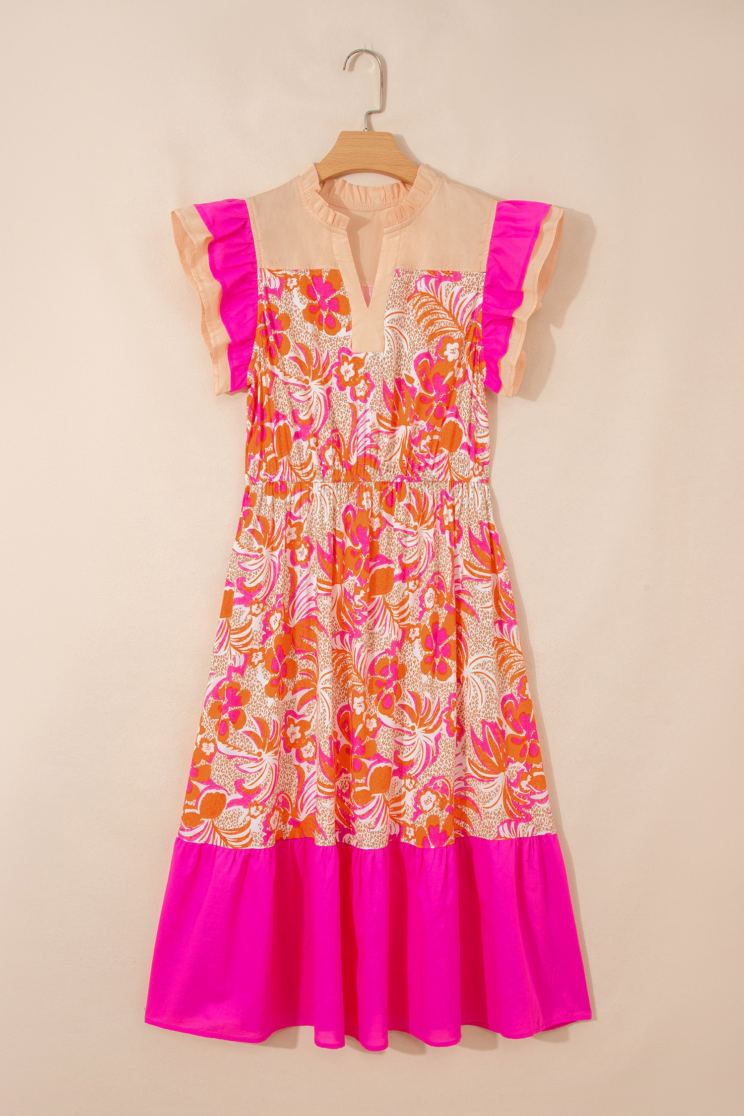 Rose Floral Print Color Block Ruffled Short Sleeve Flared Midi Dress