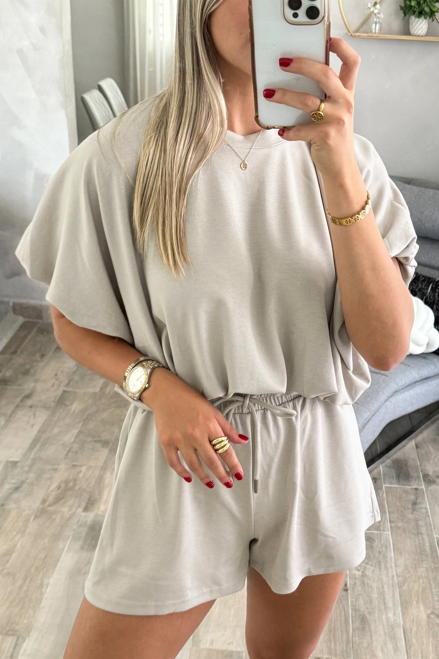 Smoke Gray Solid Color Puffy Loose Top Drawstring Shorts 2pcs Outfit