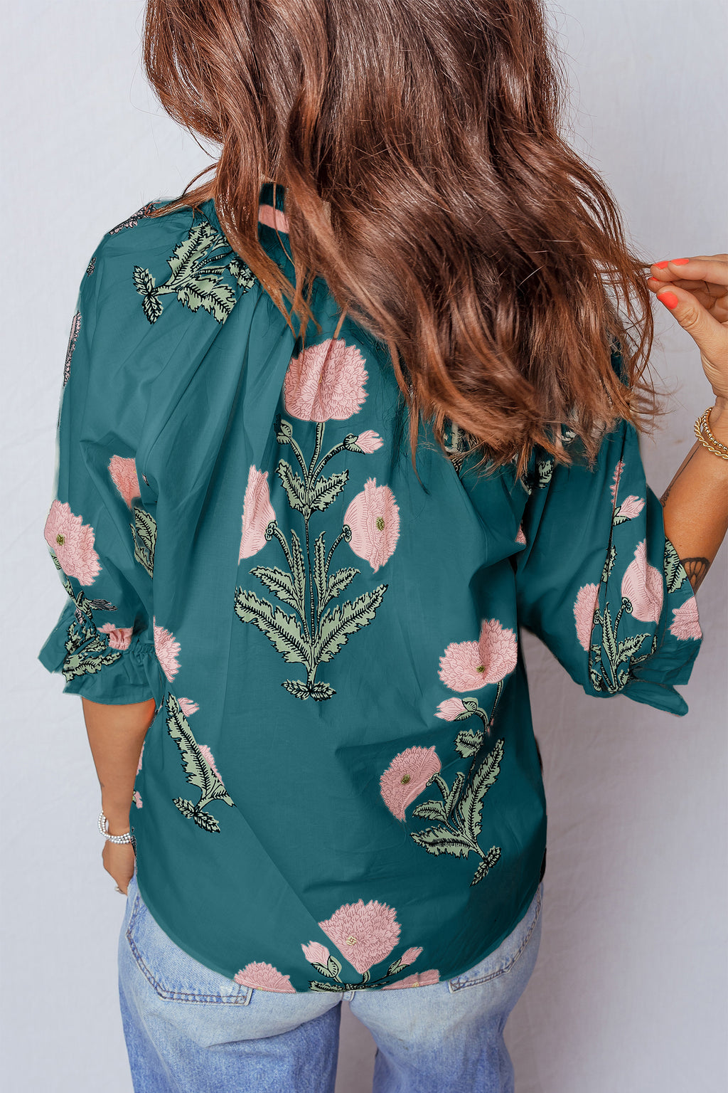Casual Wild Flower Print V Neck 3/4 Sleeve Blouse