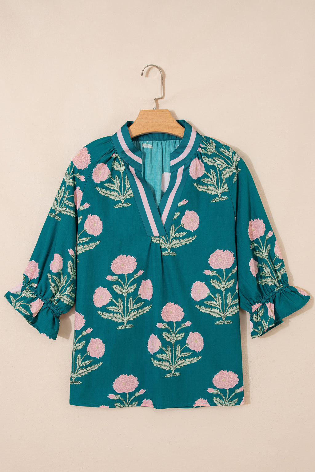 Casual Wild Flower Print V Neck 3/4 Sleeve Blouse