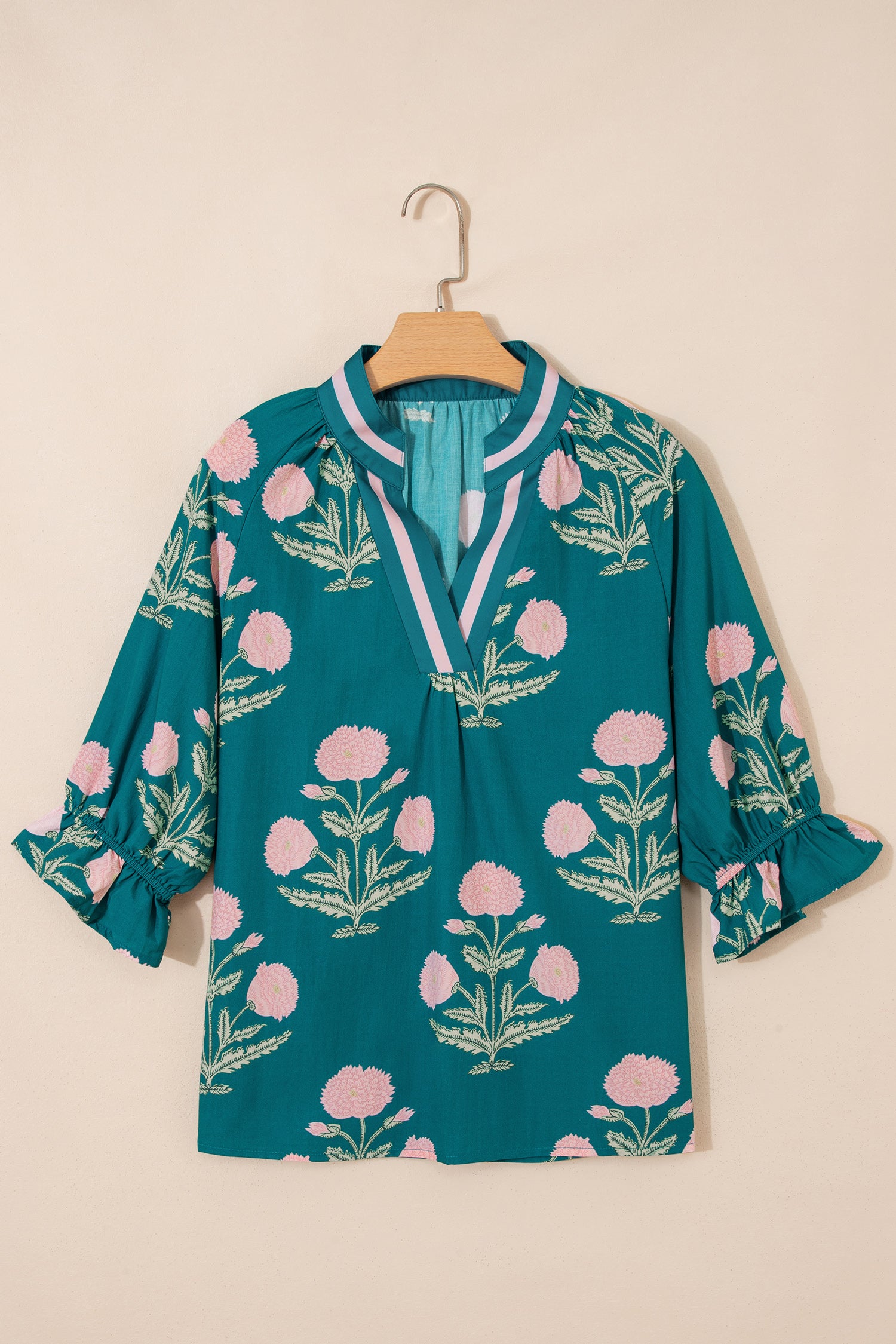 Casual Wild Flower Print V Neck 3/4 Sleeve Blouse