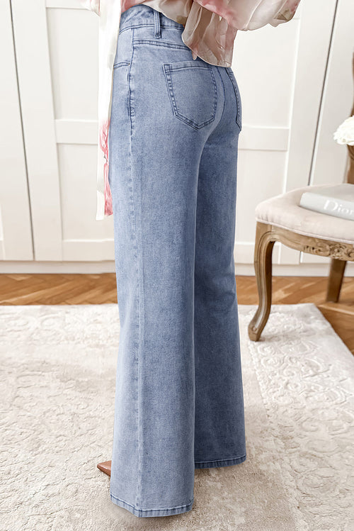 Beau Blue Button Zip High Waist Flared Hem Jeans