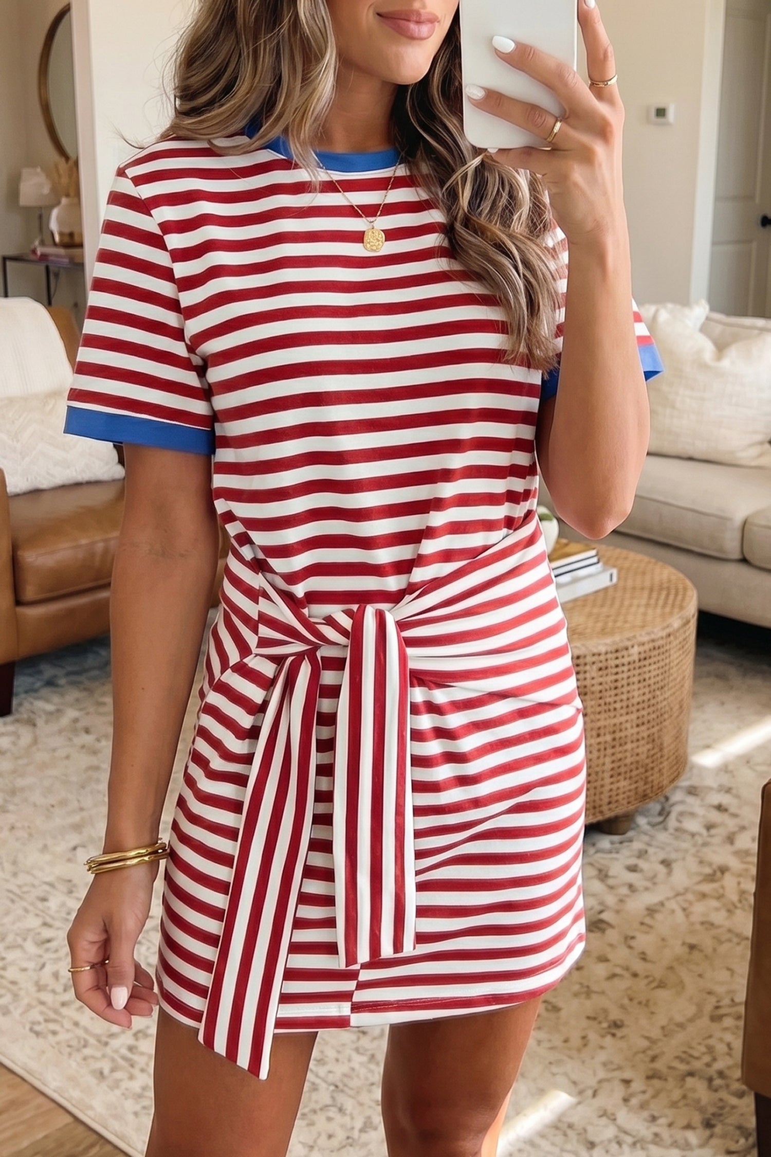 Green Stripe Nautical Tie Contrast Trim Round Neck T Shirt Mini Dress