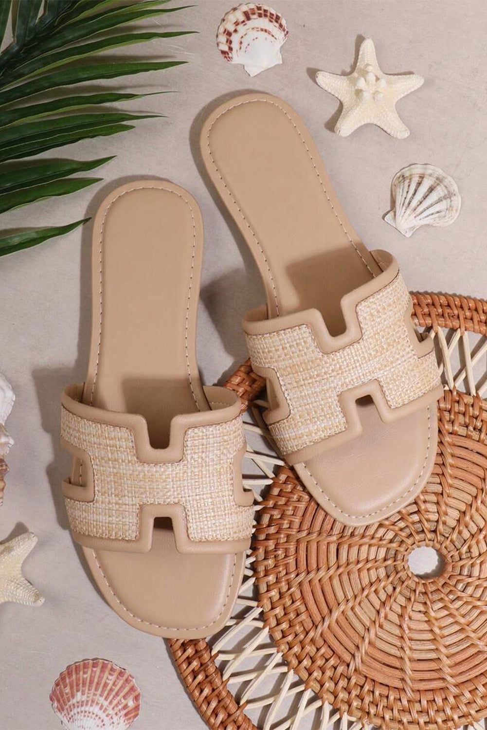 Coffee Faux Raffia Detail Hollowed Open Toe Slippers