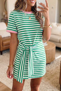 Green Stripe Nautical Tie Contrast Trim Round Neck T Shirt Mini Dress