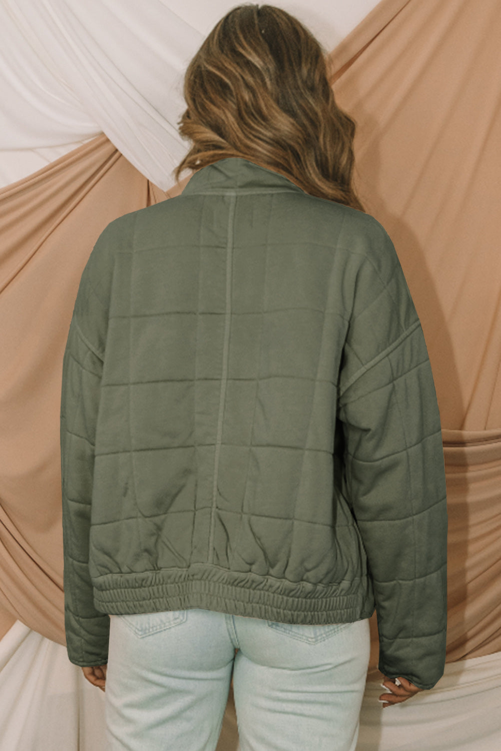 Green Zip Up Pocket Quilted Cropped Jacket