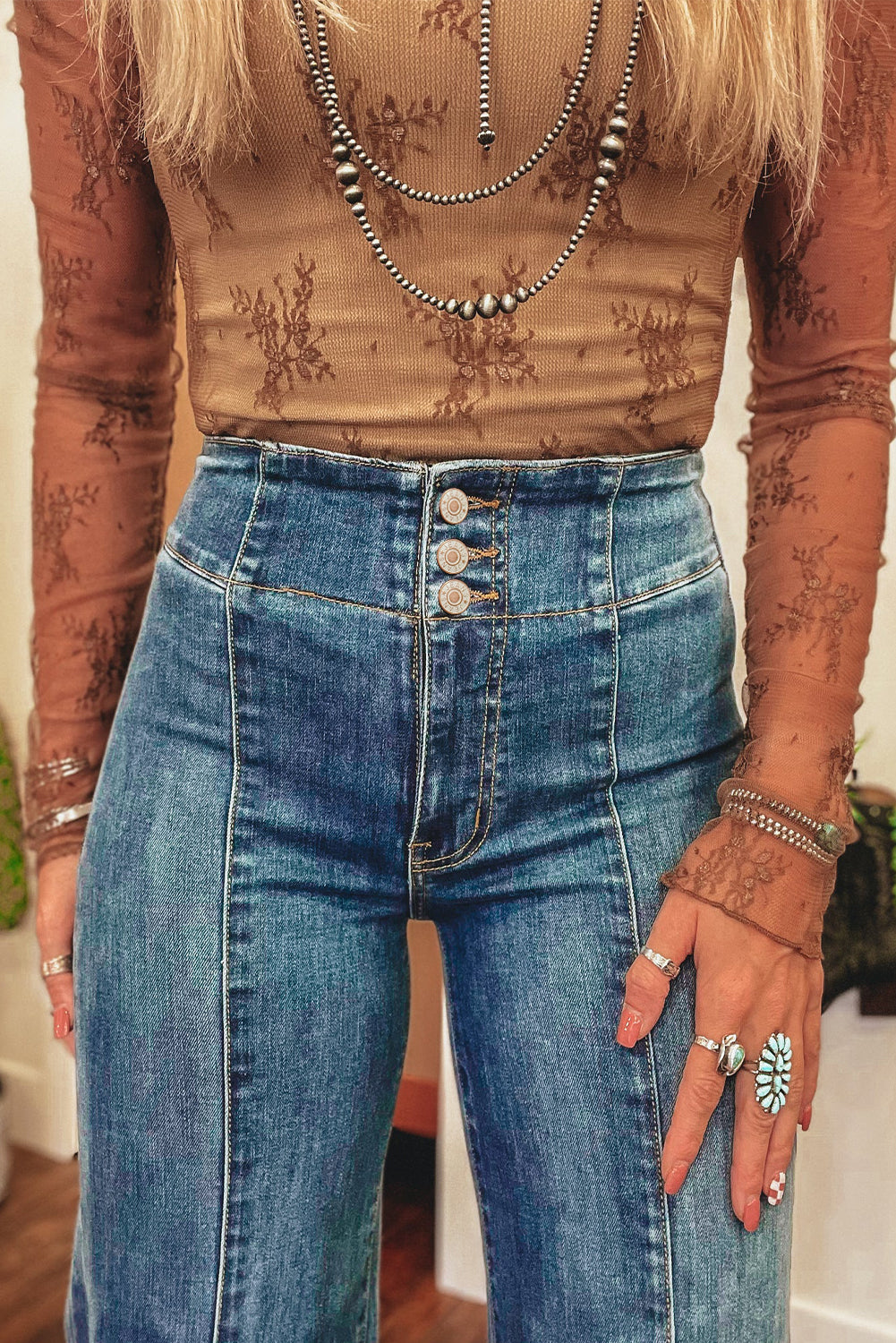Coffee High Waist Button Fly Seamed Raw Hem Flare Jeans