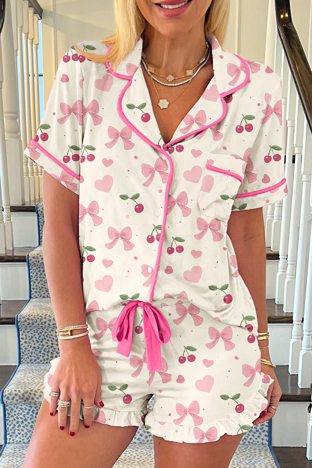 White Floral Print Contrast Pipping Short Pajamas Set