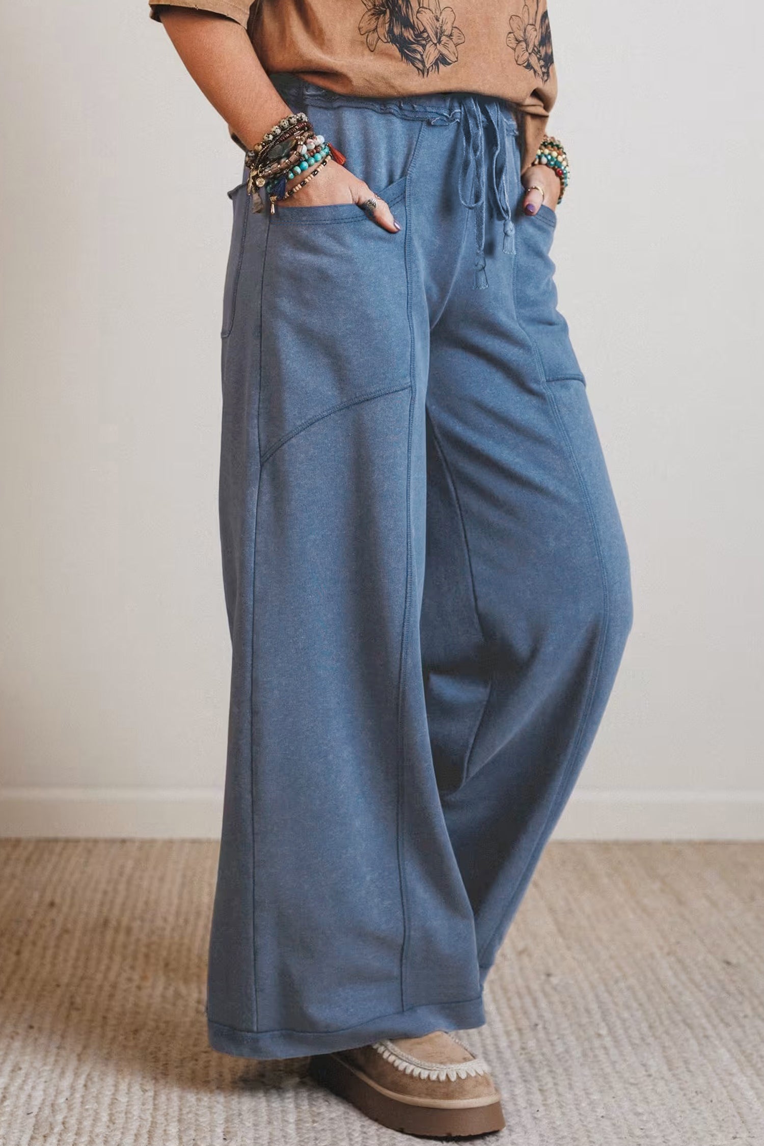Ashleigh Blue Mineral Wash Drawstring Retro High Waist Wide Leg Western Pants