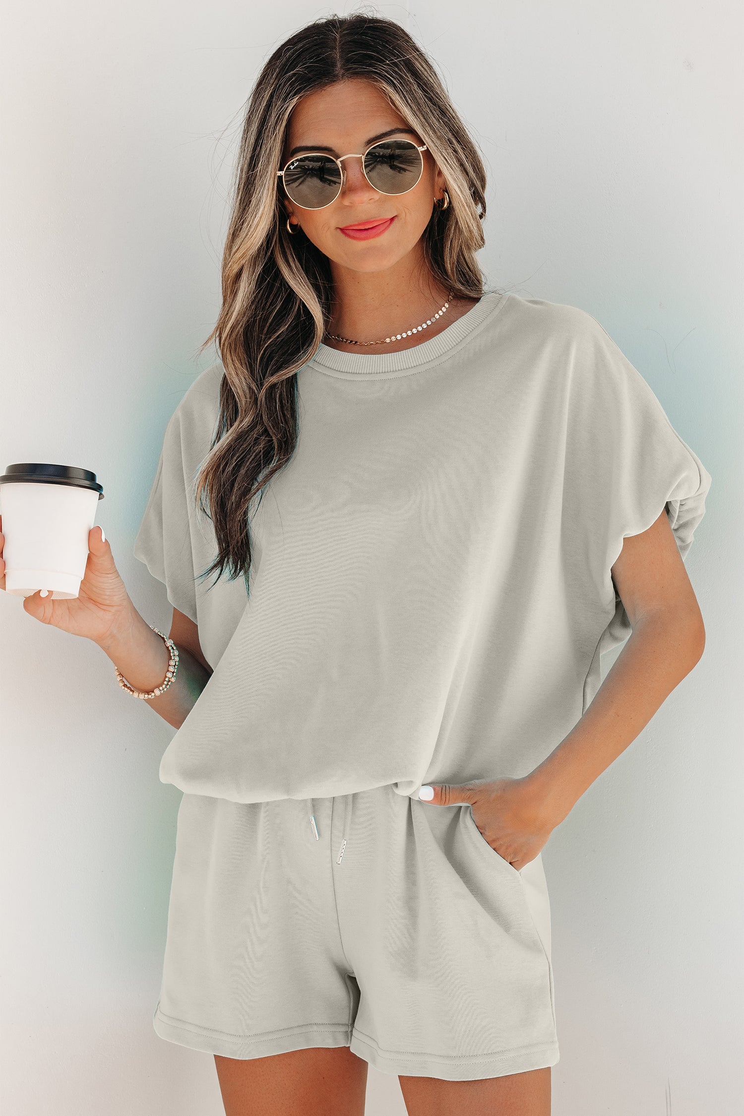 Smoke Gray Solid Color Puffy Loose Top Drawstring Shorts 2pcs Outfit