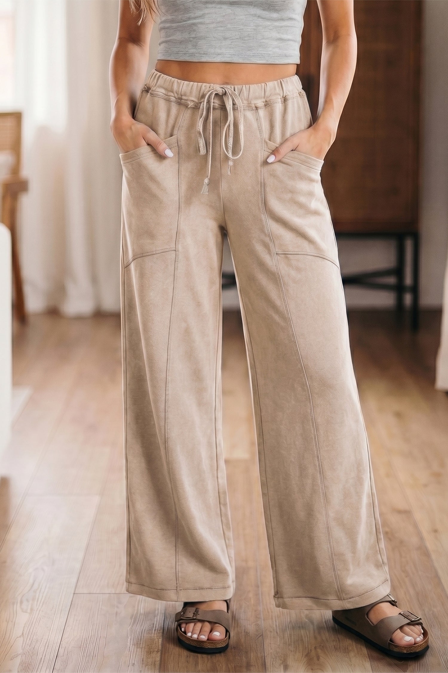 Ashleigh Blue Mineral Wash Drawstring Retro High Waist Wide Leg Western Pants