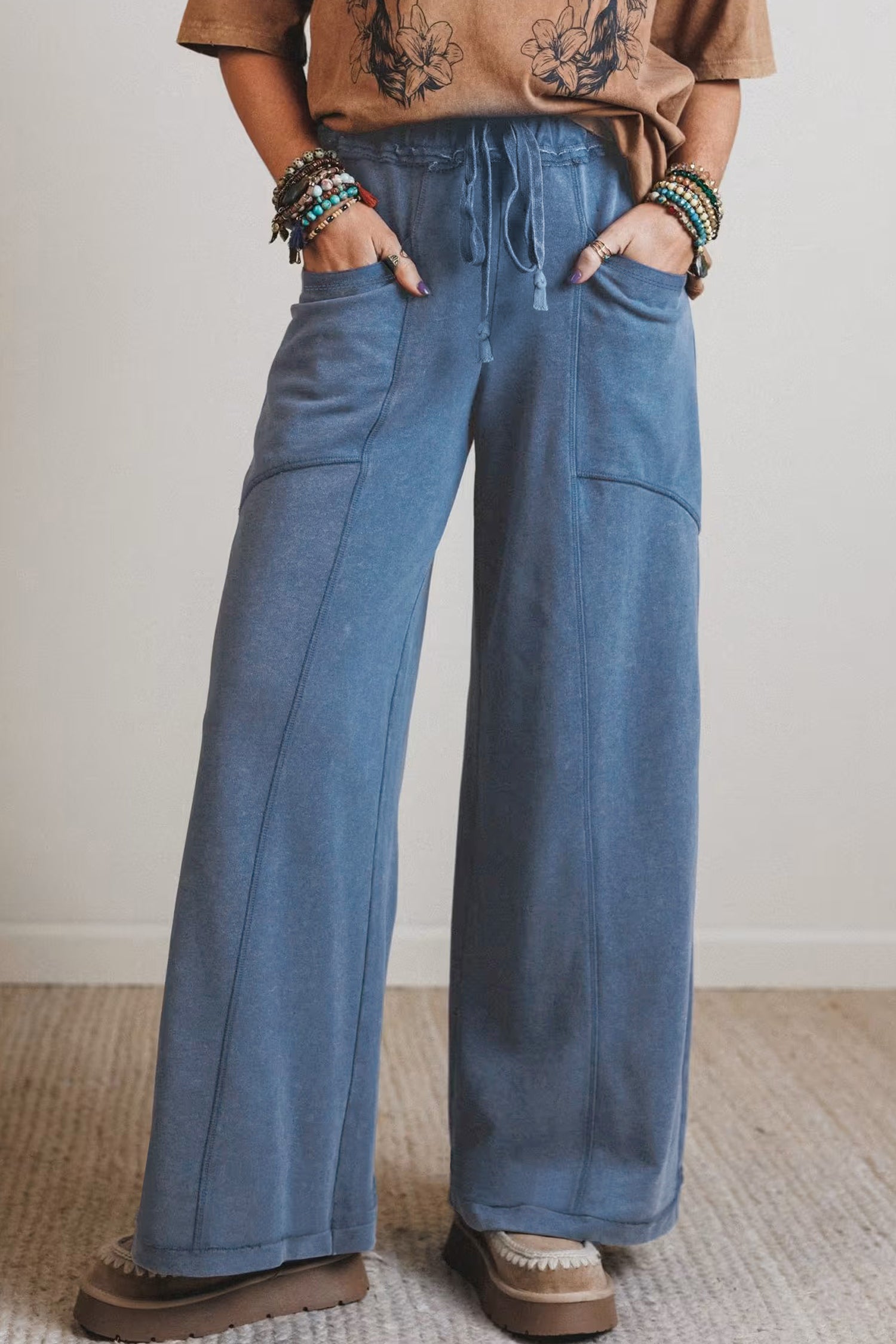 Ashleigh Blue Mineral Wash Drawstring Retro High Waist Wide Leg Western Pants