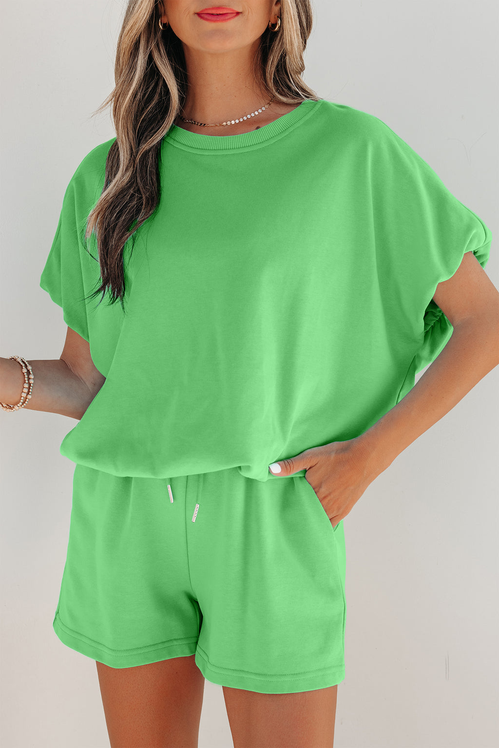 Smoke Gray Solid Color Puffy Loose Top Drawstring Shorts 2pcs Outfit