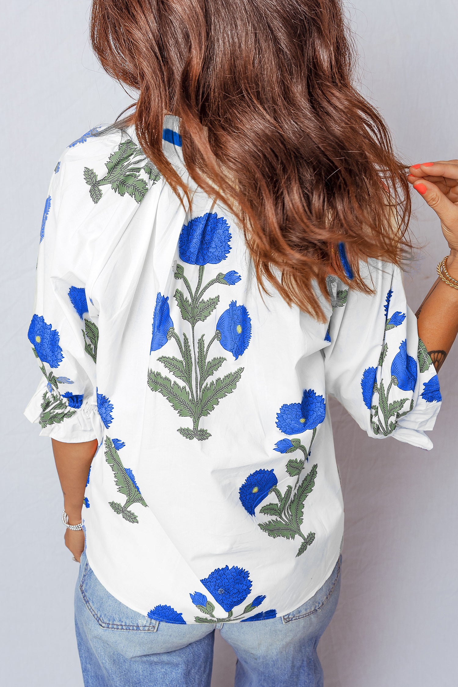 Casual Wild Flower Print V Neck 3/4 Sleeve Blouse