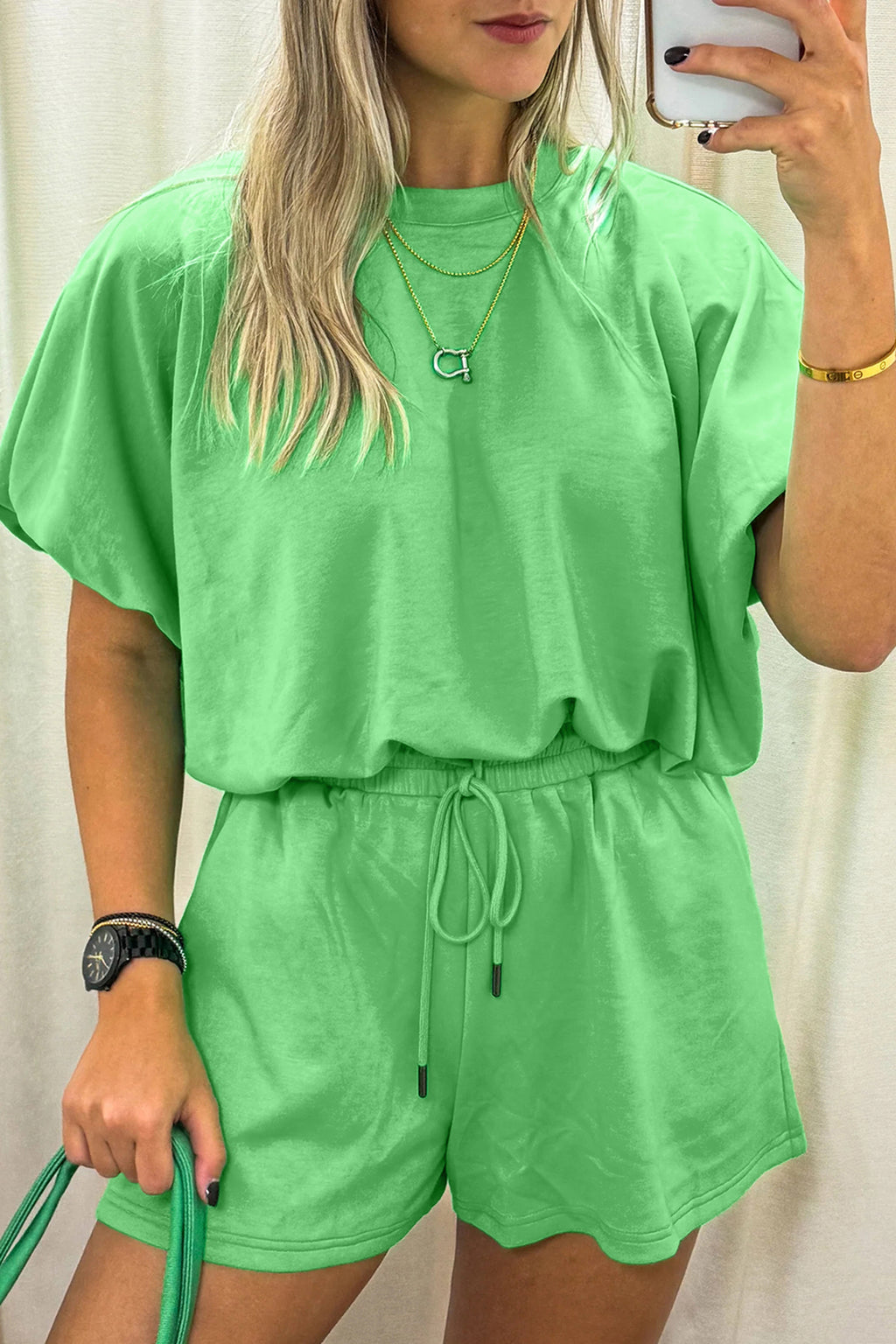 Smoke Gray Solid Color Puffy Loose Top Drawstring Shorts 2pcs Outfit