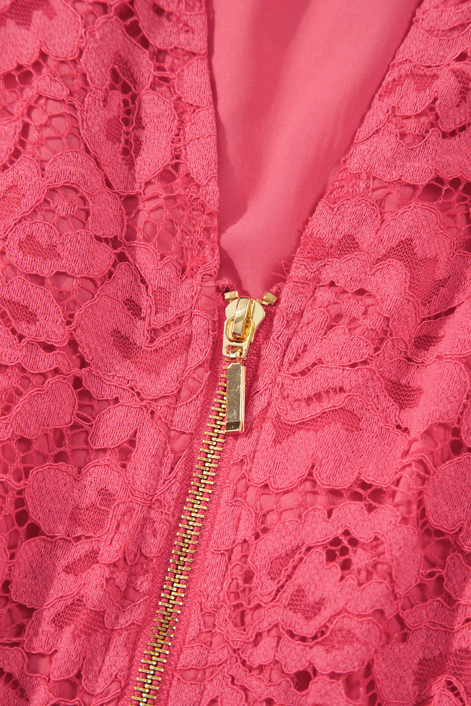 Coral Floral Lace Overlay Zip Up V Neck Smocked Waist Sleeveless Dress