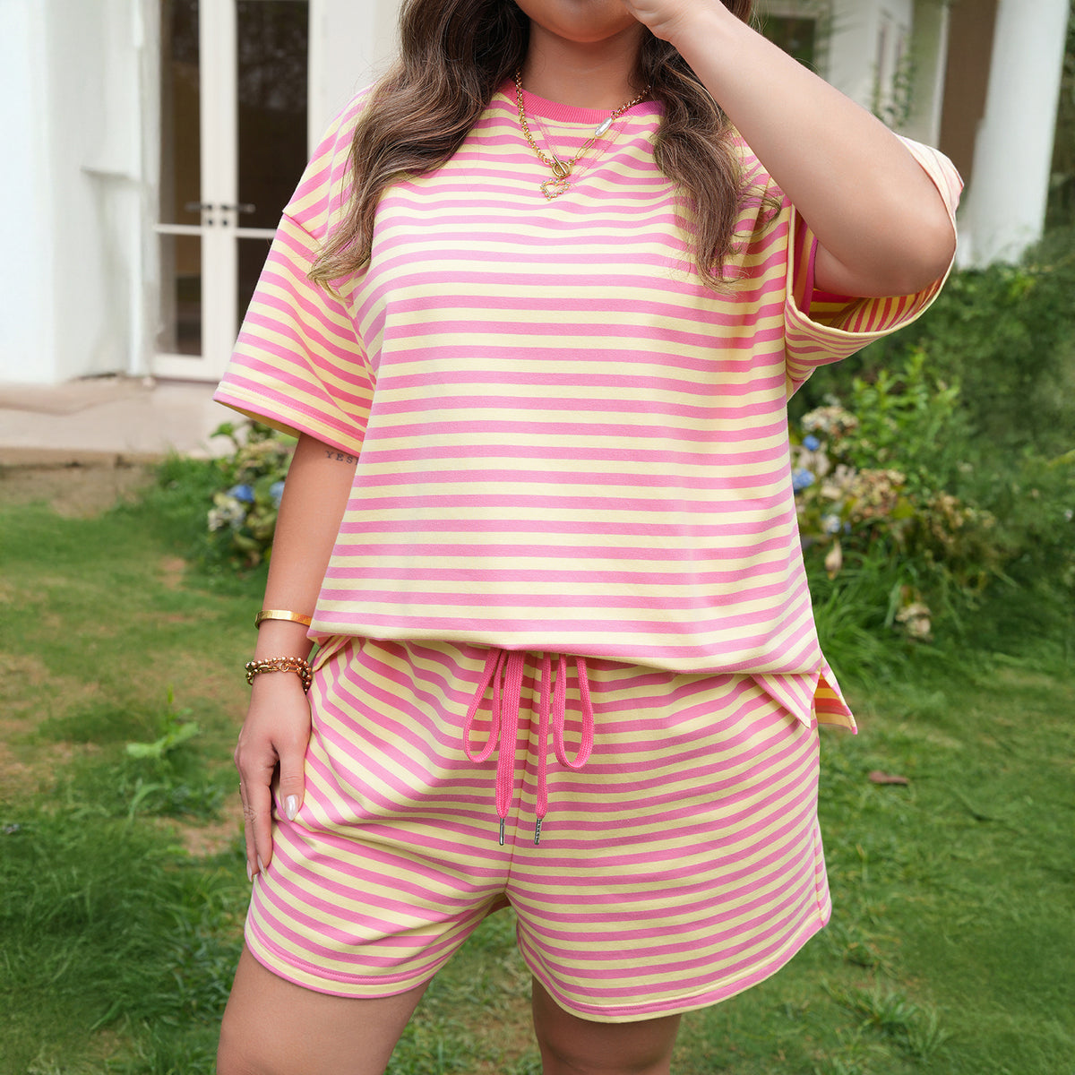 Green Stripe Boxy Tee Drawstring Elastic Waist Plus Size Short Set