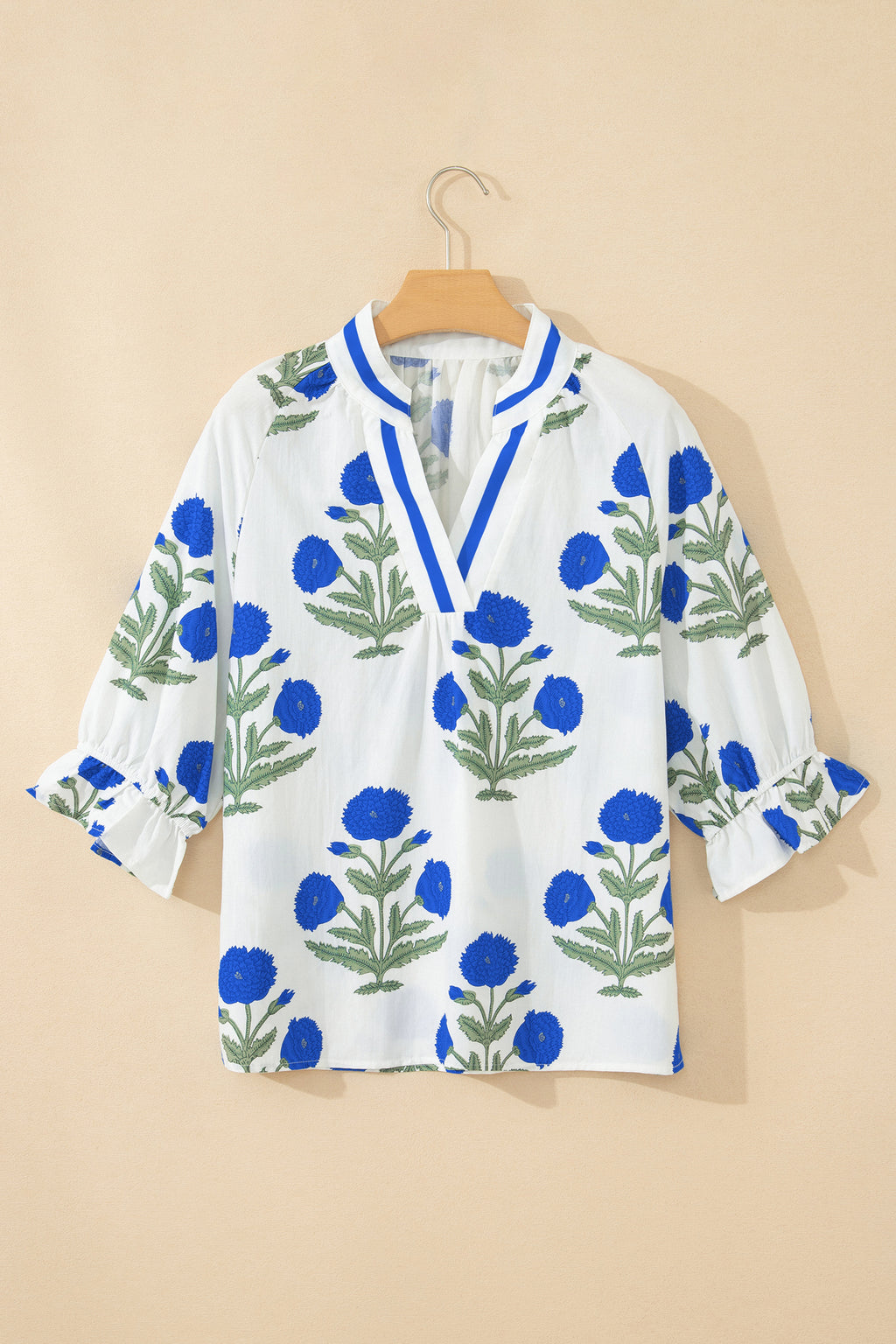 Casual Wild Flower Print V Neck 3/4 Sleeve Blouse