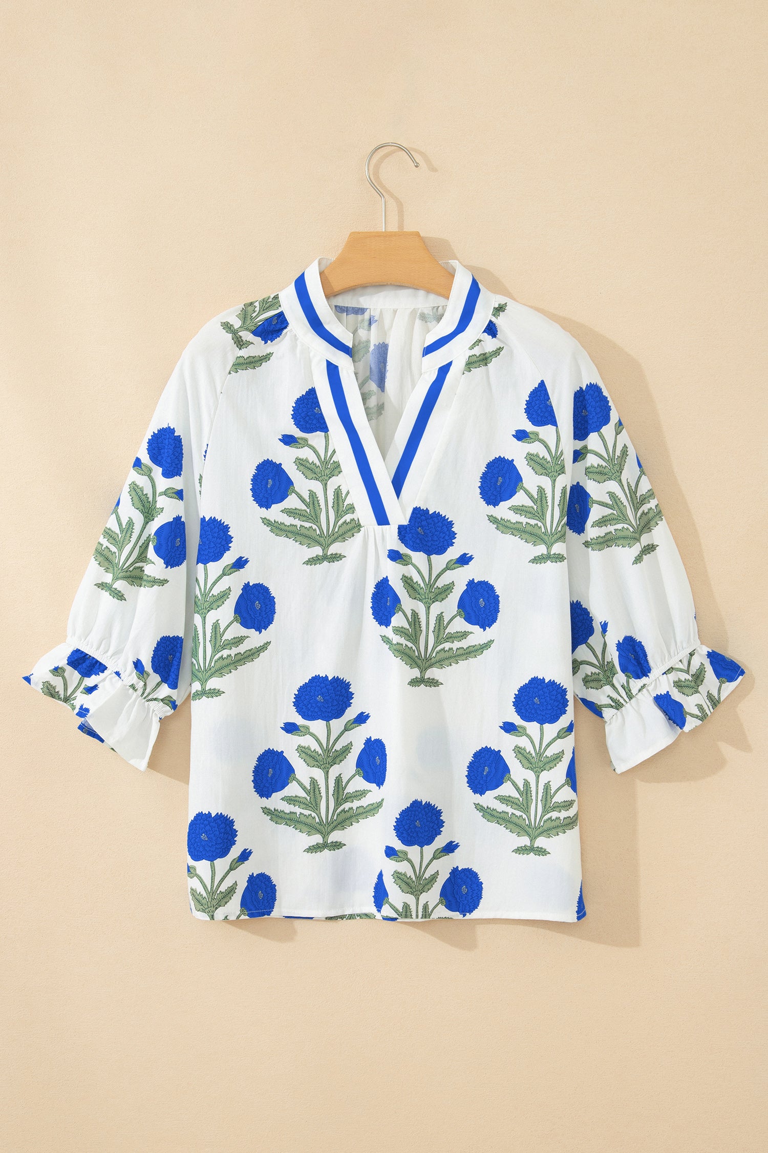 Casual Wild Flower Print V Neck 3/4 Sleeve Blouse