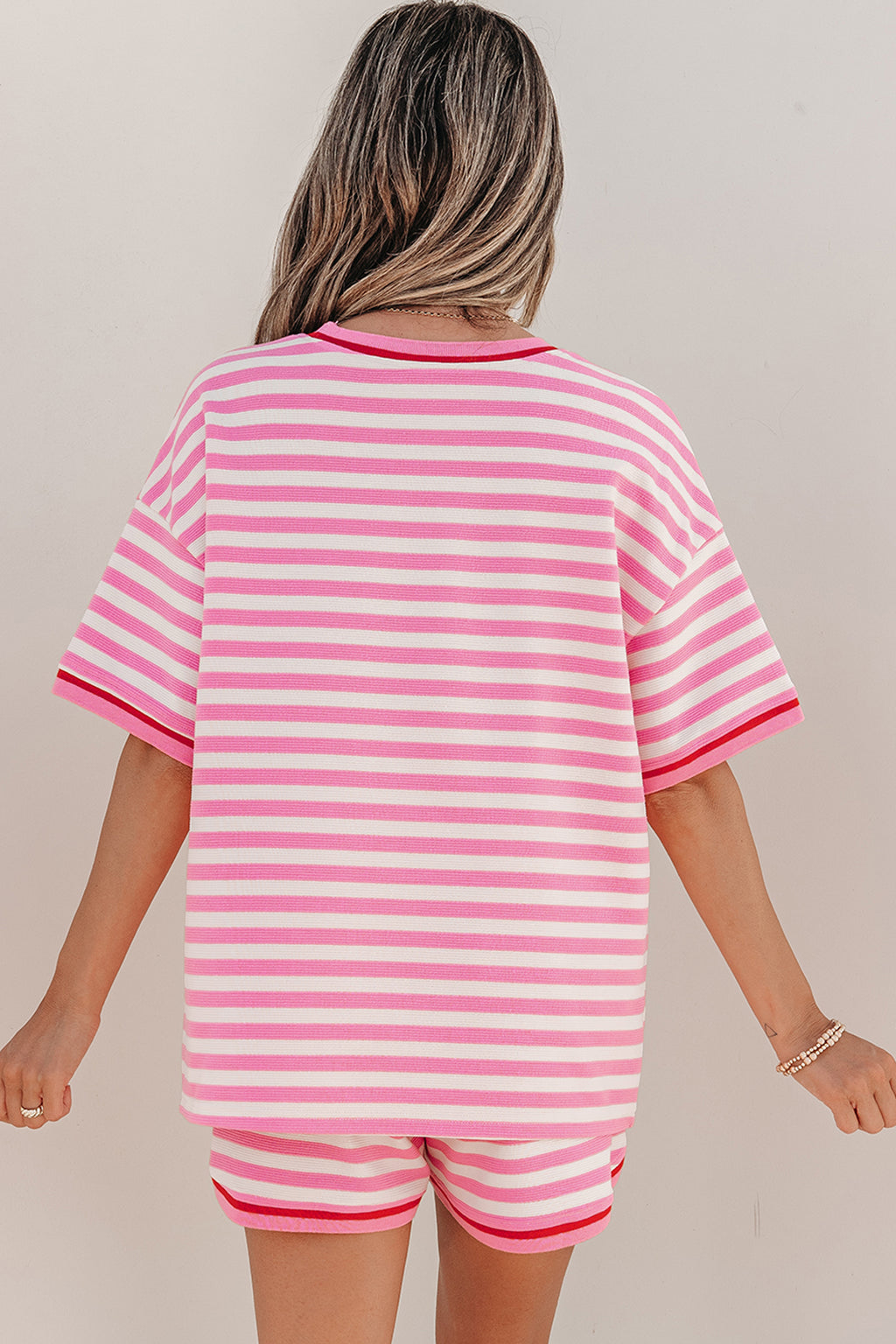 Pink Stripe Contrast Trim Short Sleeve Top Loose Shorts 2pcs Casual Outfit
