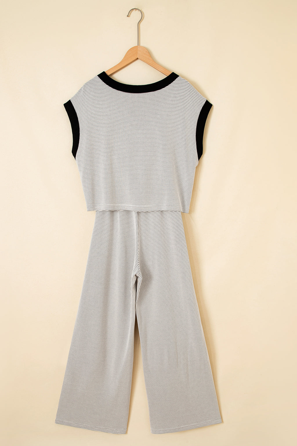 Beige Stylish Knit Lace Colorblock Trim V Neck Tank Drawstring Wide Leg Pants Set