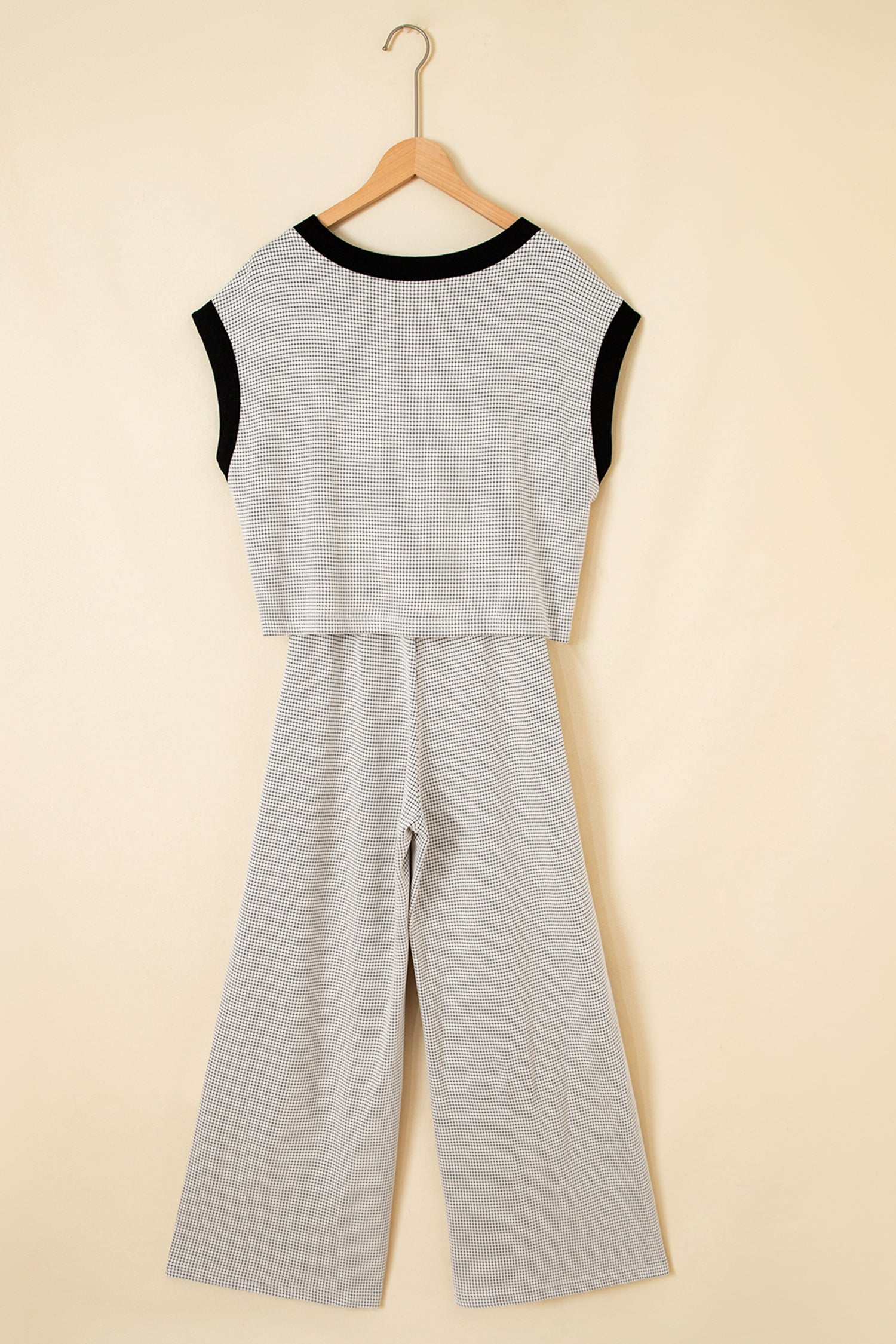 Beige Stylish Knit Lace Colorblock Trim V Neck Tank Drawstring Wide Leg Pants Set