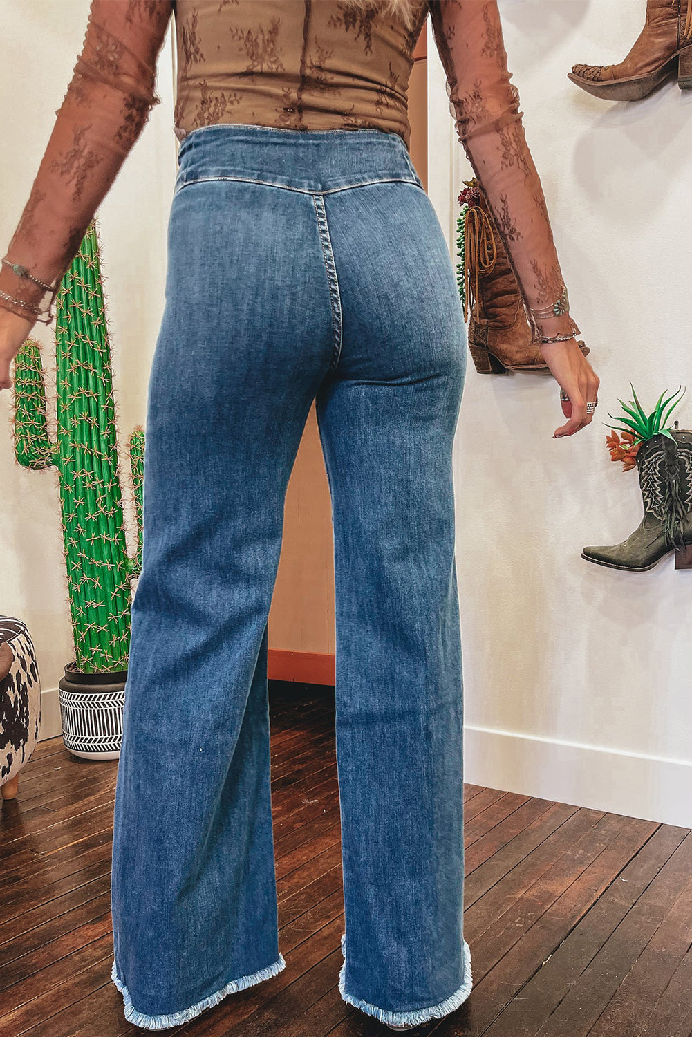 Coffee High Waist Button Fly Seamed Raw Hem Flare Jeans