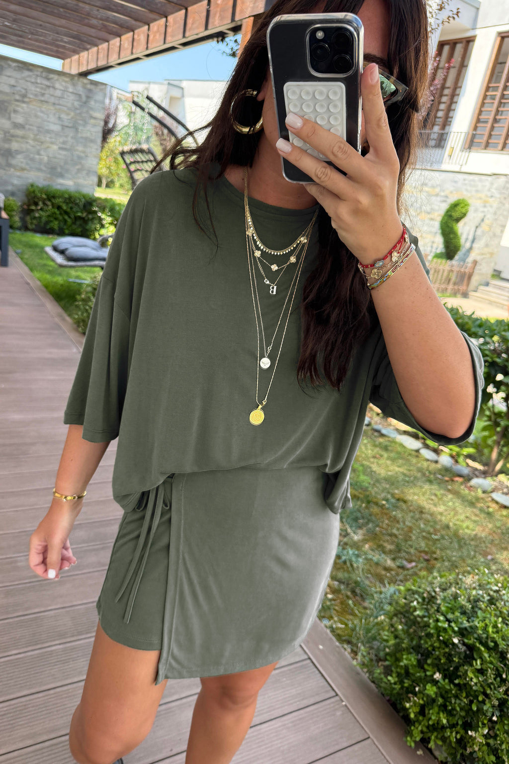 Black Solid Color Oversize Tee Tie Wrap Mini Skort 2pcs Set