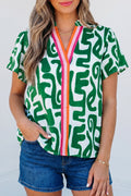 Green Abstract Print Striped Trim V Neck Short Sleeve Blouse