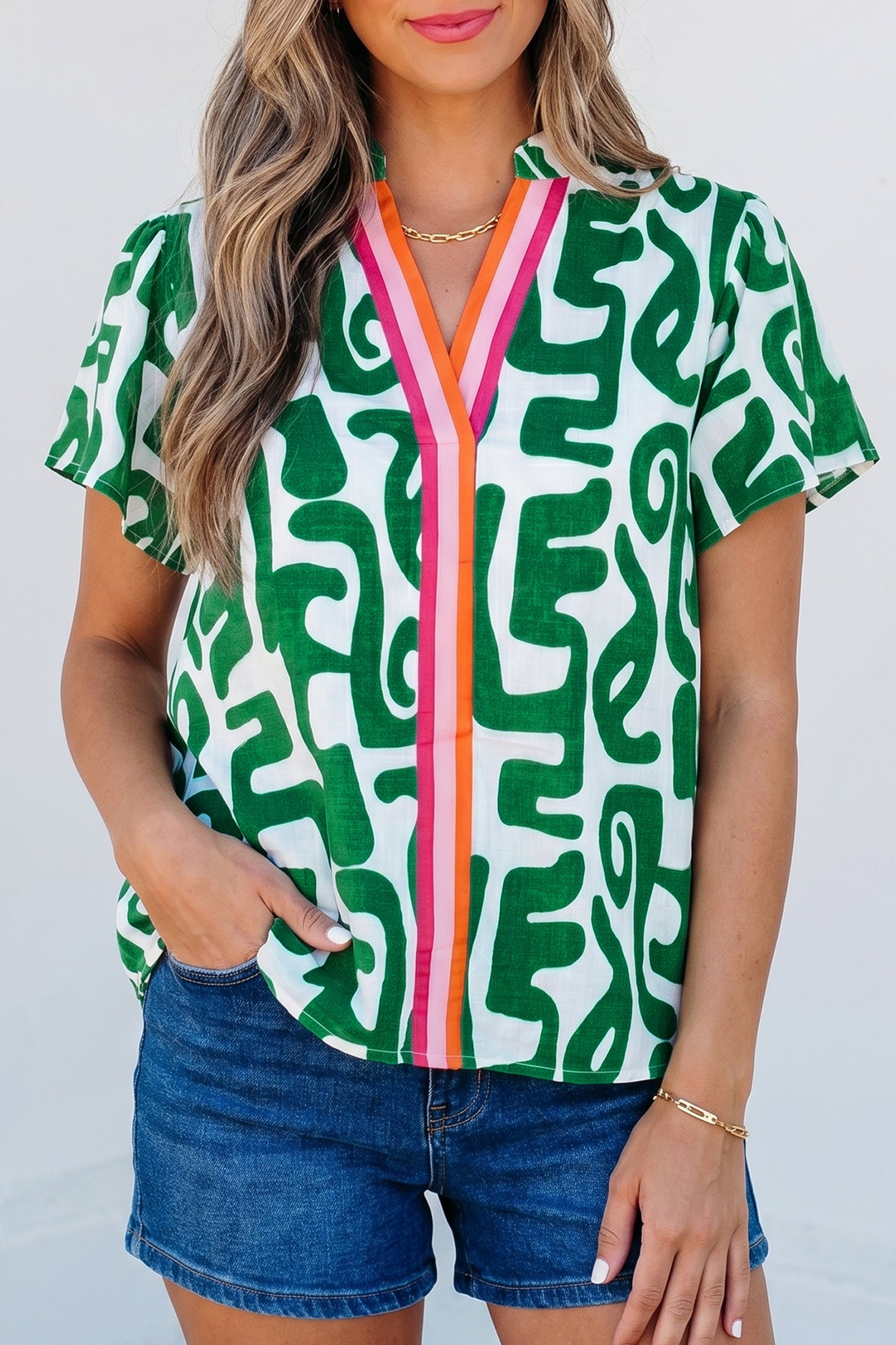Green Abstract Print Striped Trim V Neck Short Sleeve Blouse