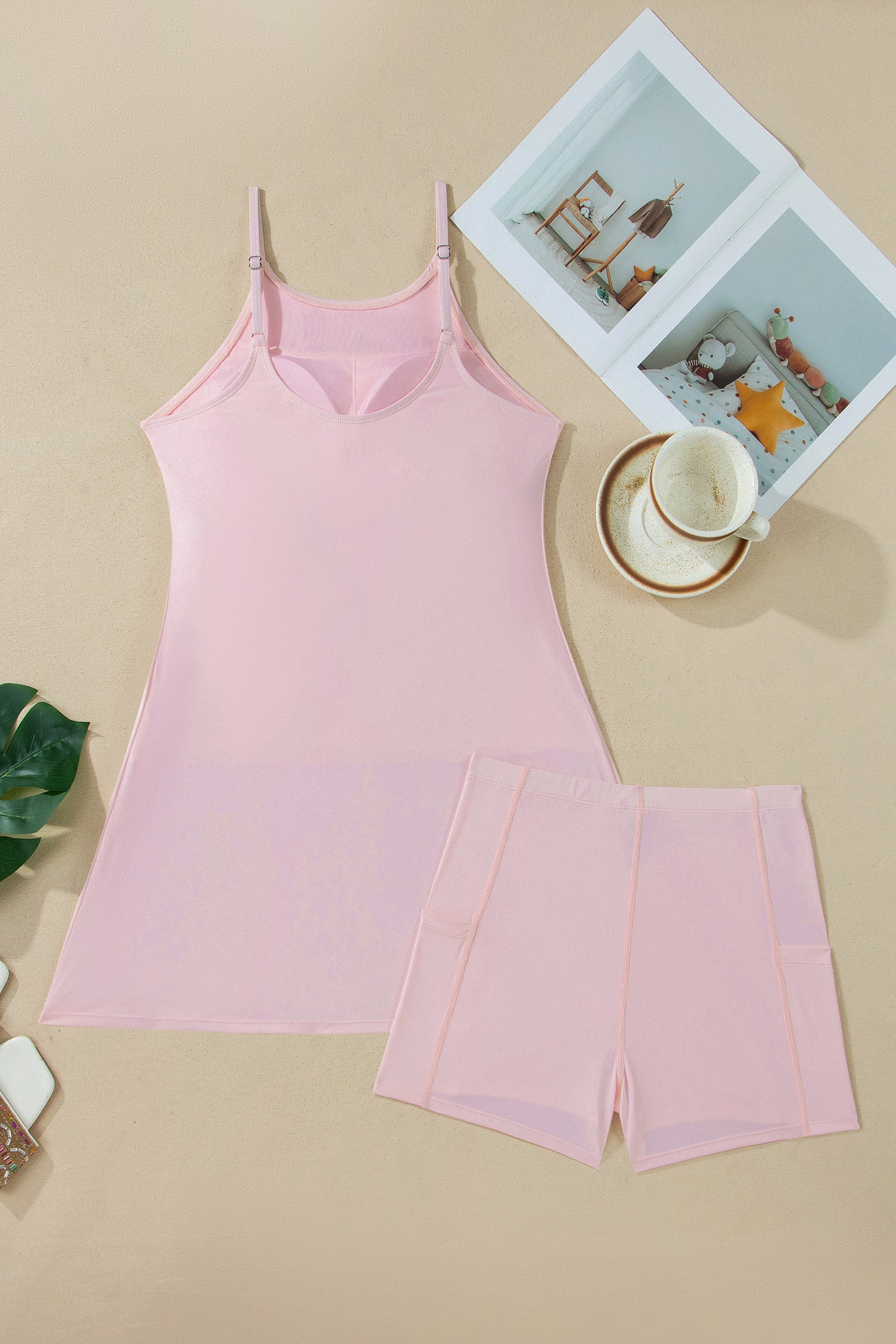 Bright Pink Solid Color Tunic Tank Dress Athletic Shorts Two Piece Set