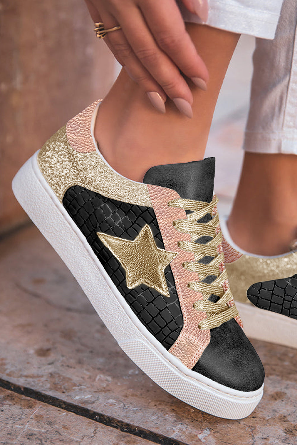 Dearlove Gold Glitter Star Patchwork PU Leather Lace-up Sneakers