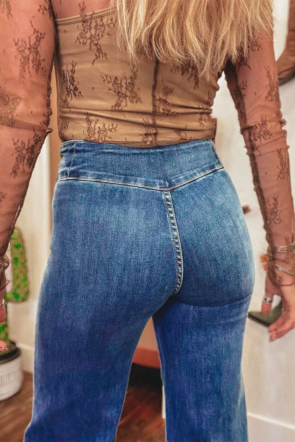 Coffee High Waist Button Fly Seamed Raw Hem Flare Jeans