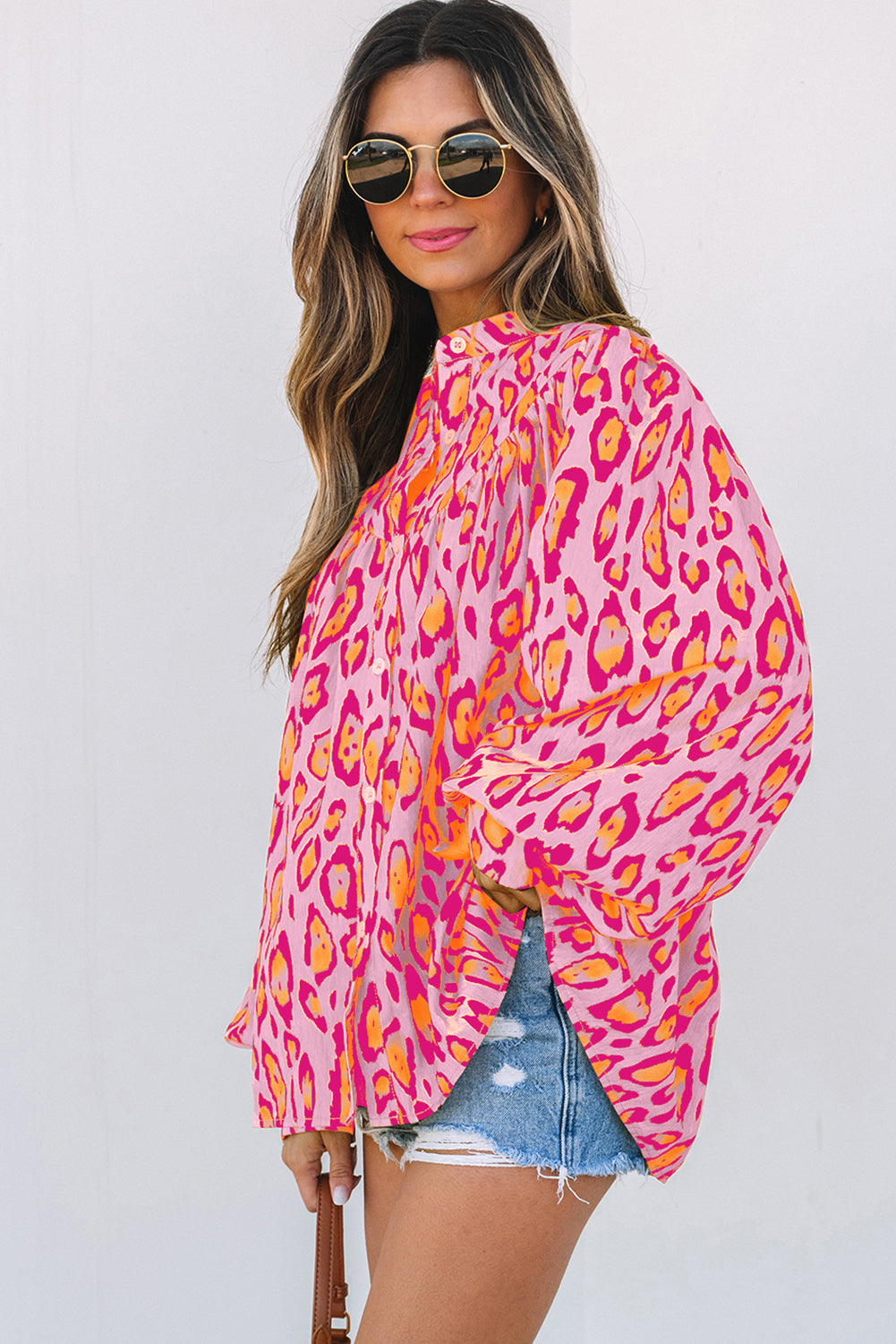 Jet Stream Oversized Leopard Print Balloon Sleeve Casual Shirt