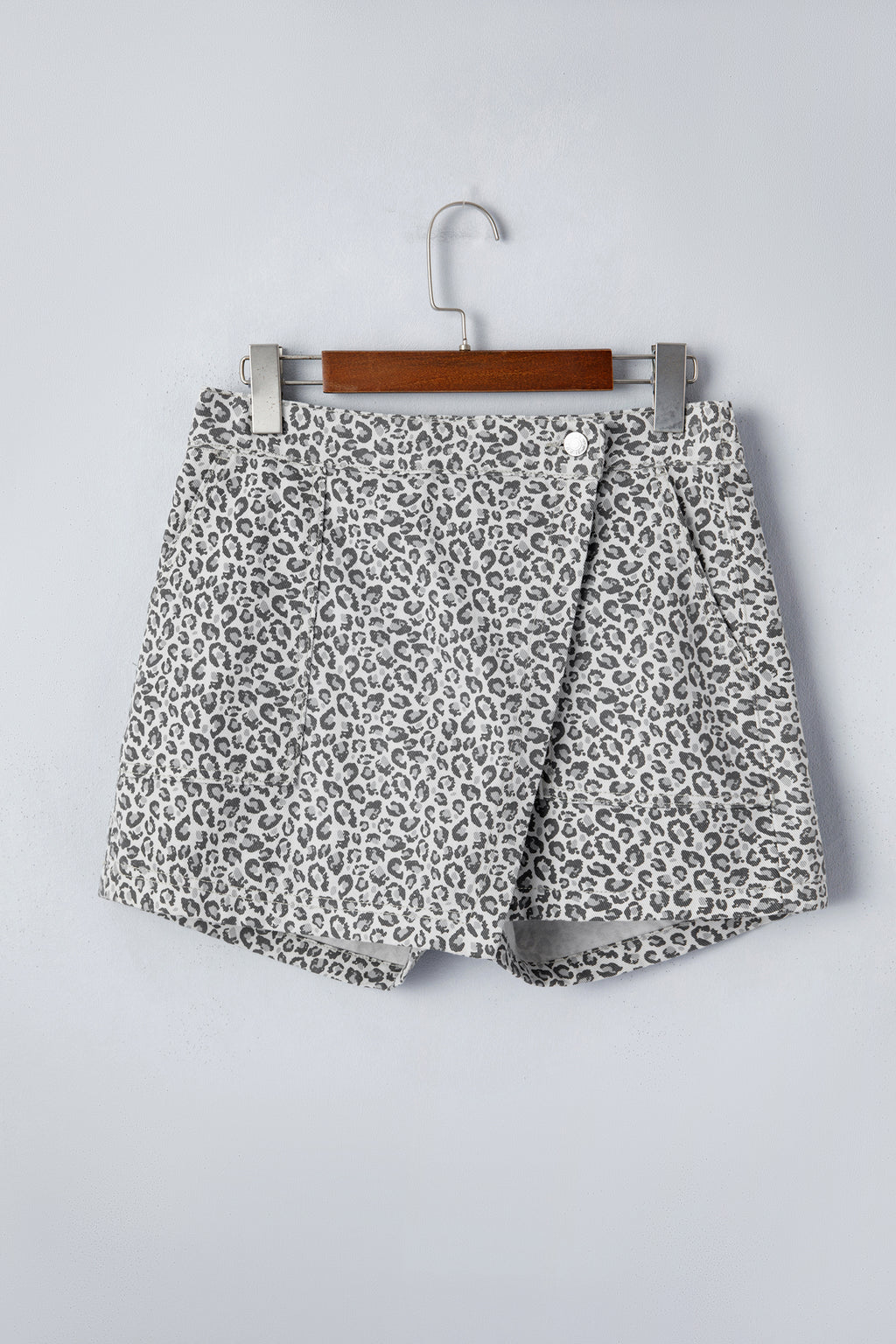 Gray Leopard Print Wrap Front Denim Shorts