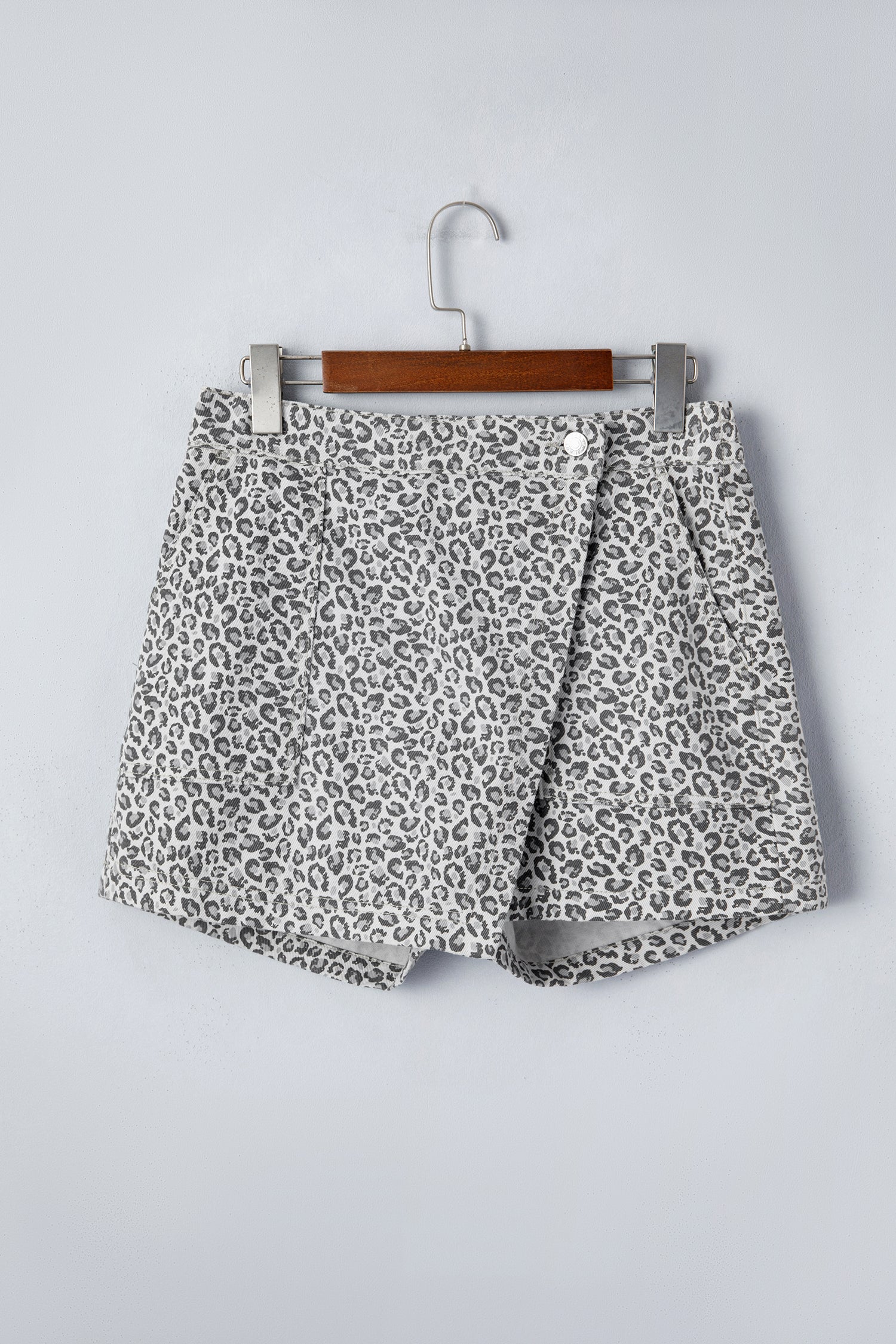 Gray Leopard Print Wrap Front Denim Shorts
