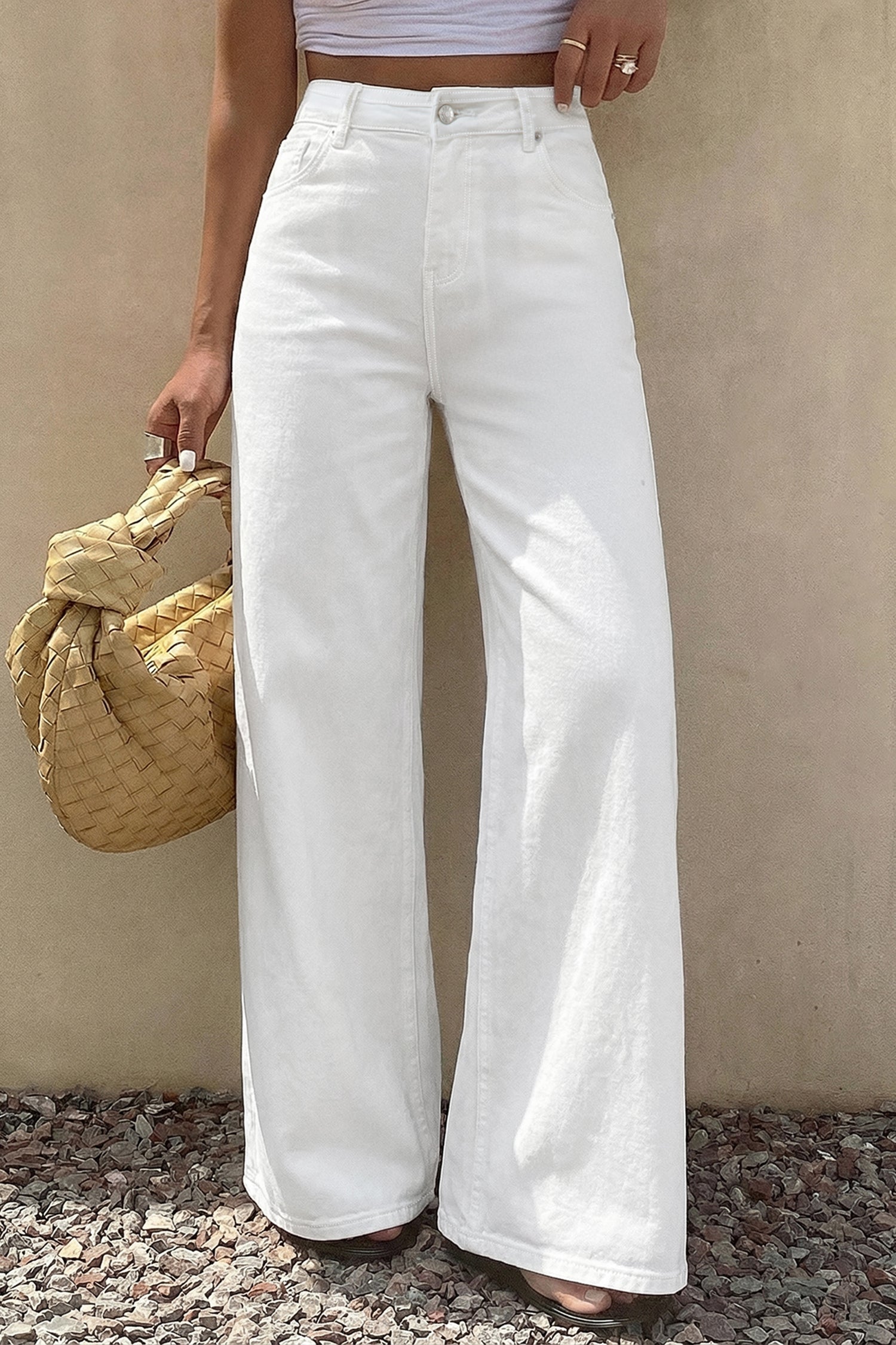 White Solid Color Loose Casual Jeans