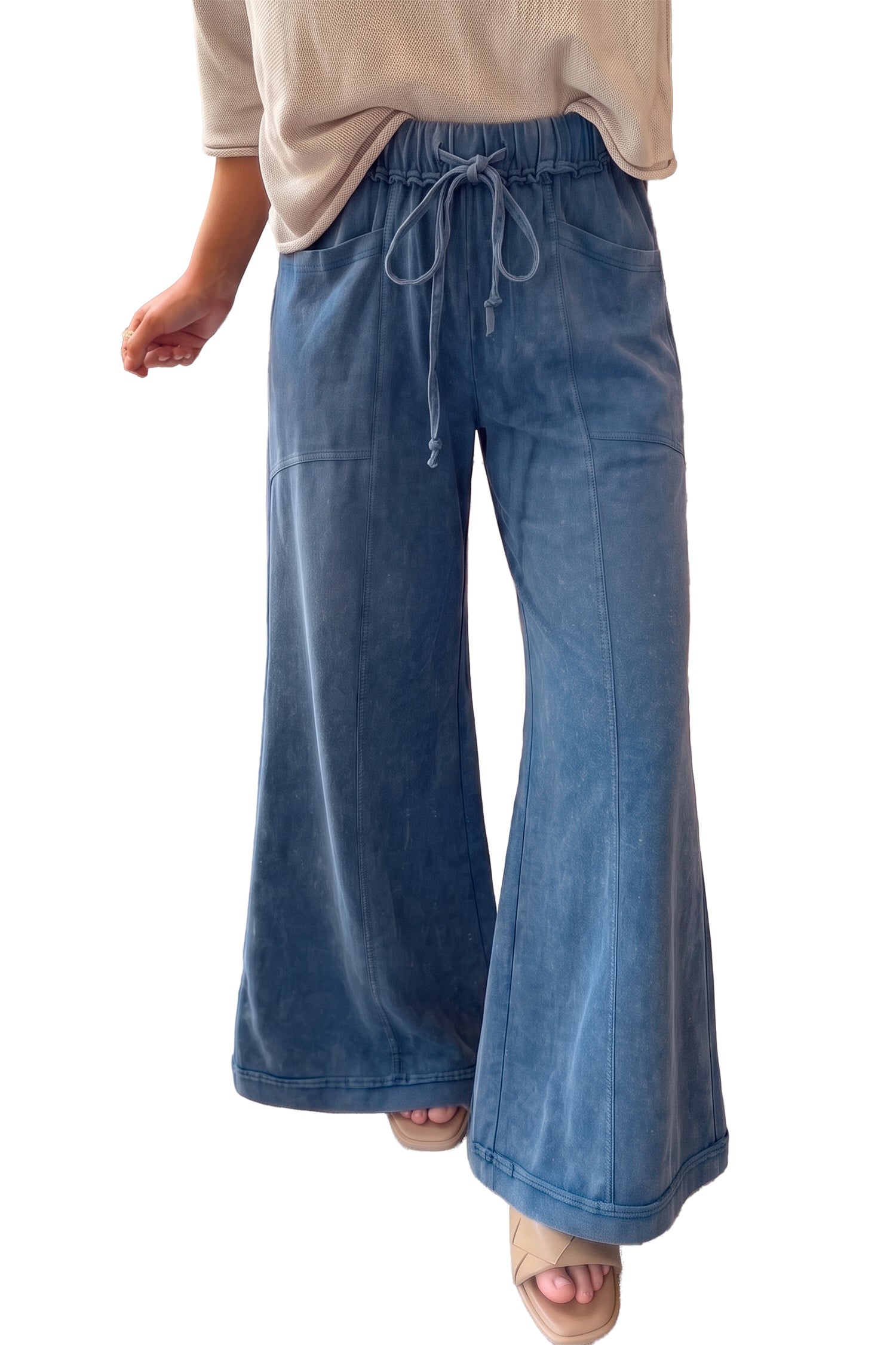 Ashleigh Blue Mineral Wash Seam Detail Flare Leg Drawstring Pants