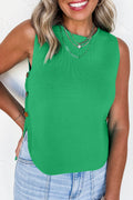 Bright Green Side Button Round Neck Knit Sleeveless Sweater