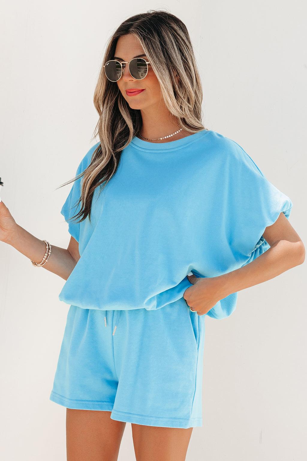 Smoke Gray Solid Color Puffy Loose Top Drawstring Shorts 2pcs Outfit
