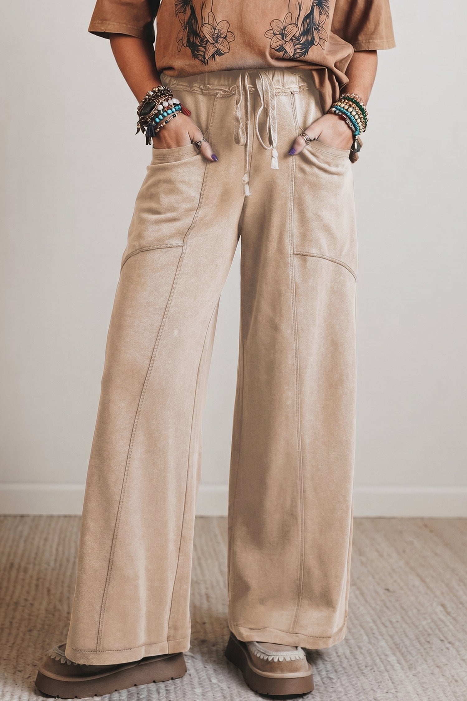 Ashleigh Blue Mineral Wash Drawstring Retro High Waist Wide Leg Western Pants