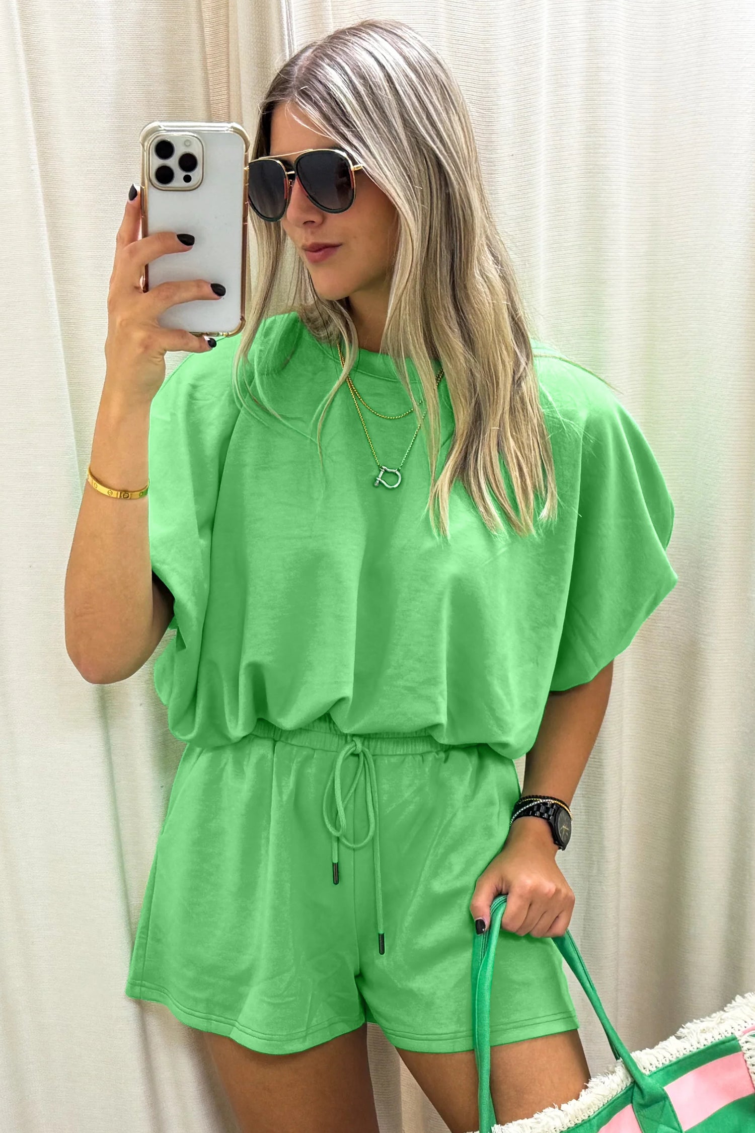 Smoke Gray Solid Color Puffy Loose Top Drawstring Shorts 2pcs Outfit